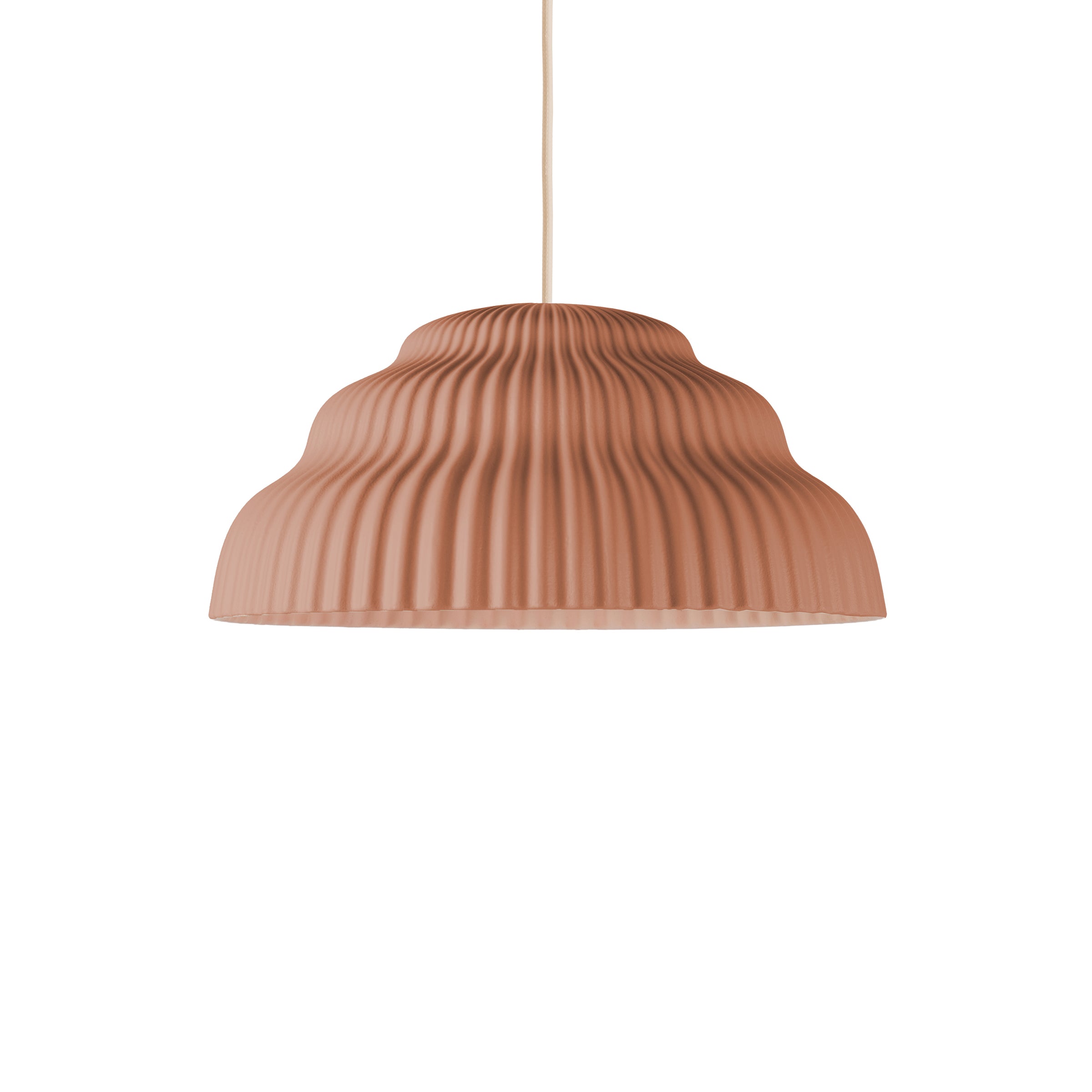 The Schneid Kaskad Rust lamp, featuring a ribbed brown finish and a tiered, wavy design, elegantly hangs from a thin cable against a white background.