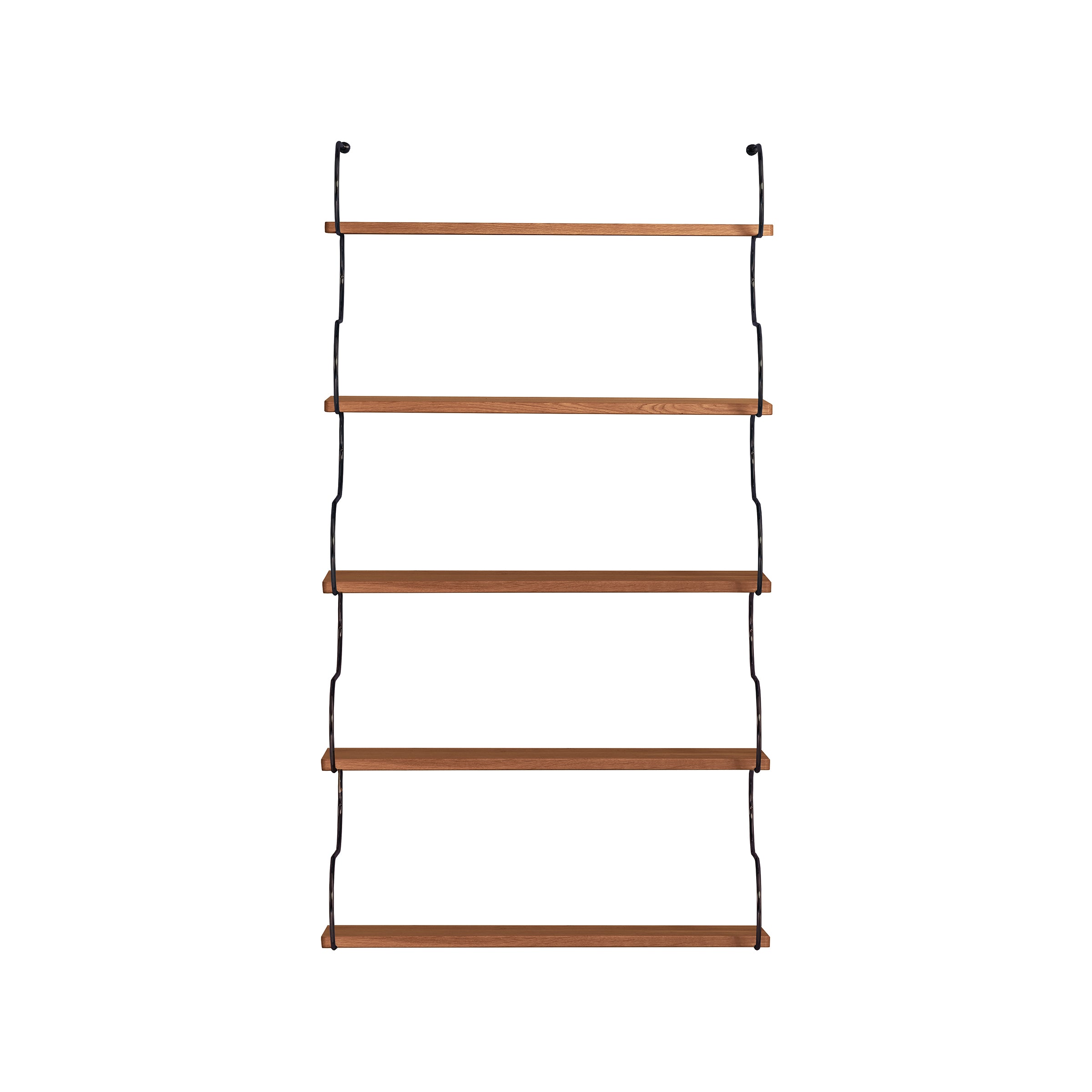 Five oak wood shelves from the Onda collection by Schneid are vertically suspended using black ropes on a white background. This simple, minimalist design creates an open, airy storage area, showcasing the elegance of modular shelving systems.