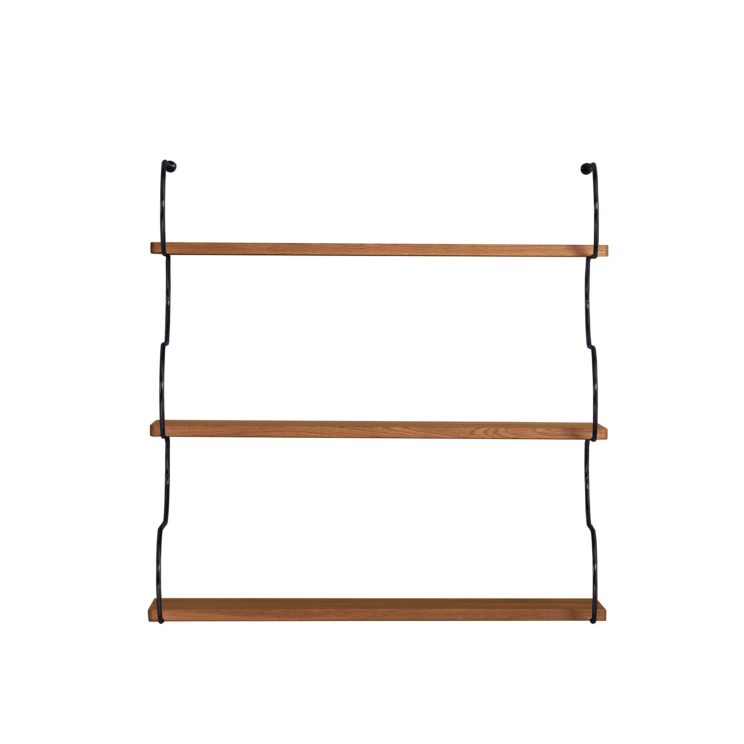 The Onda by Schneid features a three-tier modular shelving system with black metal supports set against a white background. Each oak wood shelf is evenly spaced, creating a minimalist and modern design that complements various interior settings.