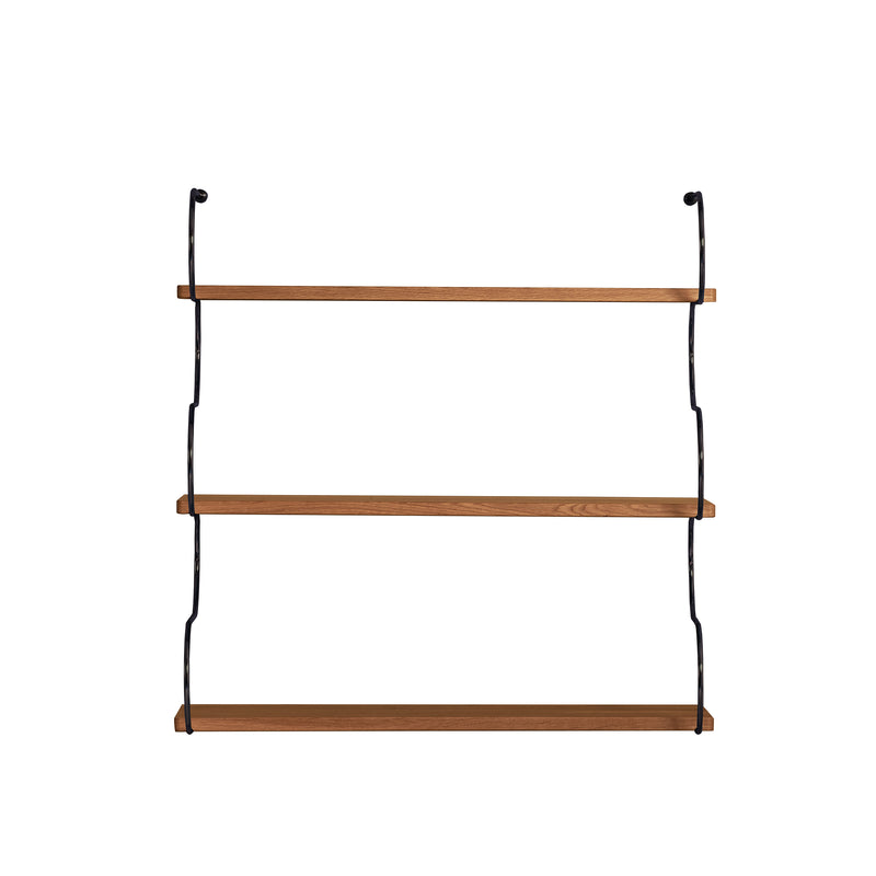 The Onda by Schneid features a three-tier modular shelving system with black metal supports set against a white background. Each oak wood shelf is evenly spaced, creating a minimalist and modern design that complements various interior settings.