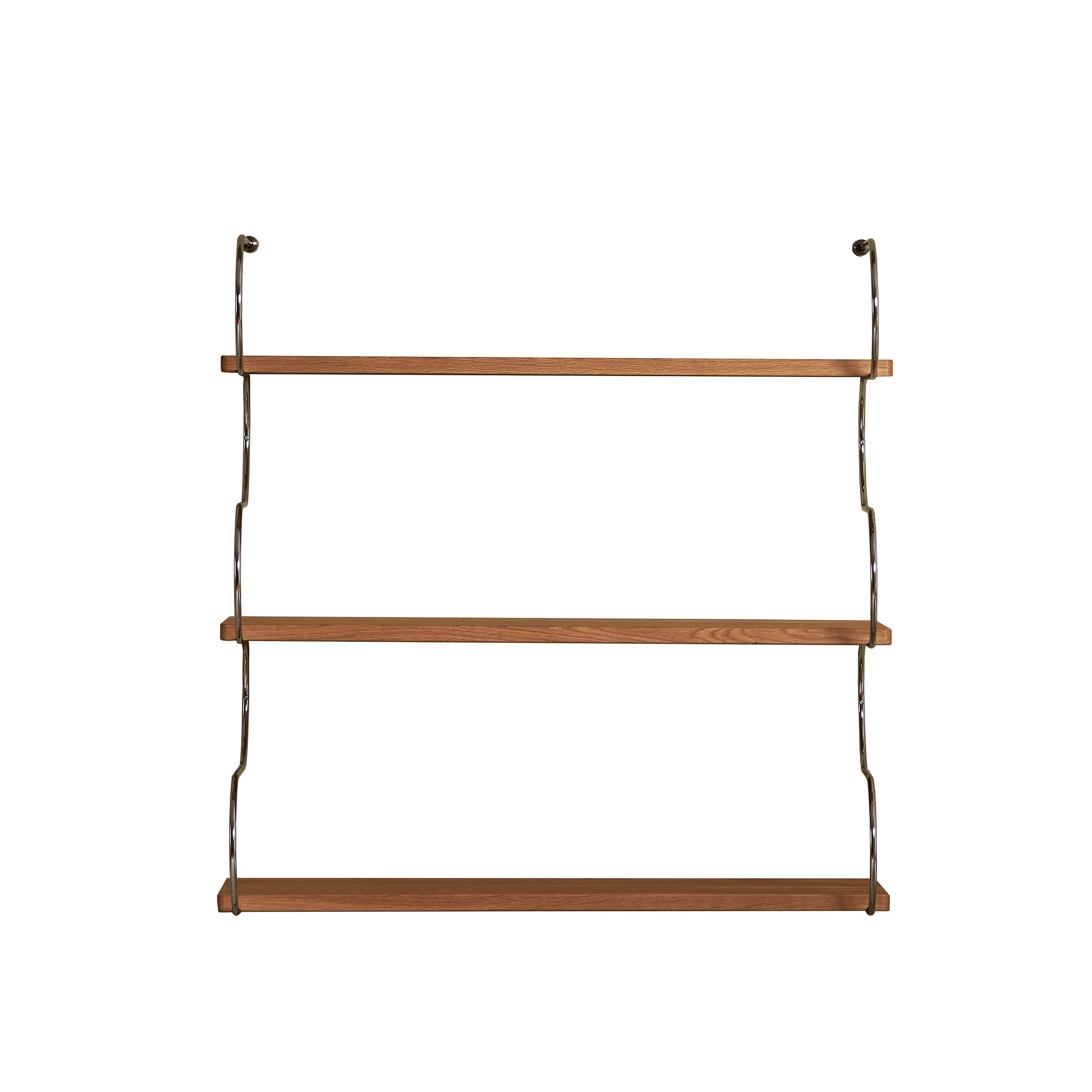 The Schneid Onda is a minimalistic modular shelving system featuring oak wood shelves arranged in three tiers, supported by metal brackets. Set against a plain white background, it highlights sleek design and adds subtle elegance to any space.