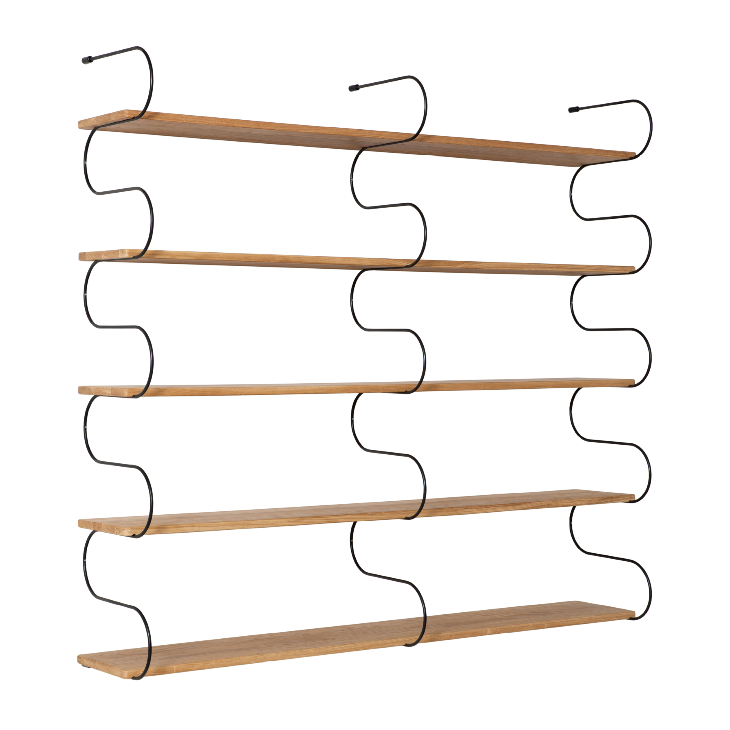 The Schneid Onda Double is a wall-mounted shelving unit with five oak shelves attached with wavy black metal brackets, offering a modular design and evenly spaced layout for a modern, minimalist look against a white background.