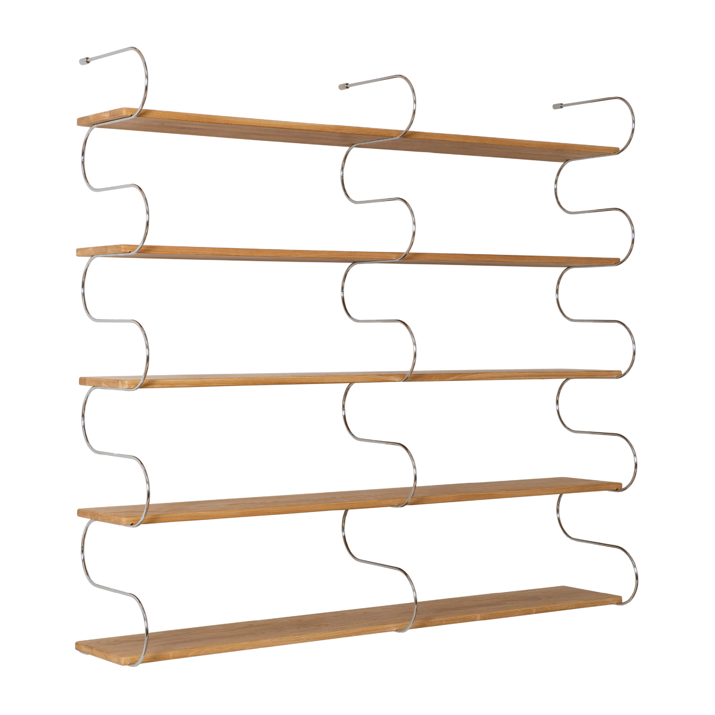 The Onda Double by Schneid is a modern wall-mounted bookshelf with oak wood shelves and sleek metal brackets in a zigzag pattern, creating six horizontal spaces for ample book or decorative item storage.