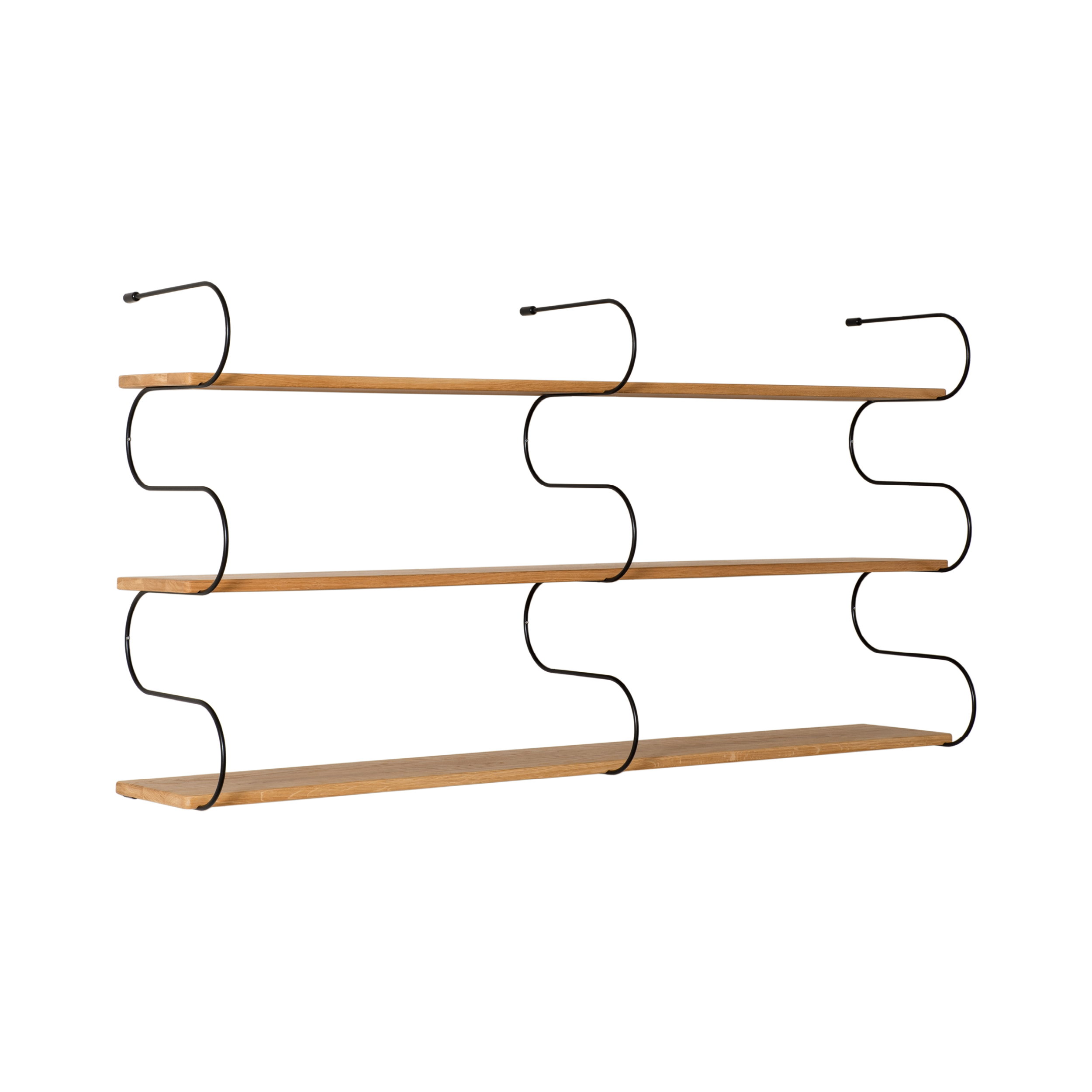 The Onda Double by Schneid includes three oak shelves with black wavy metal brackets, designed in a minimalist, modern style. This modular shelving system is evenly spaced and seamlessly mounted on a white wall.