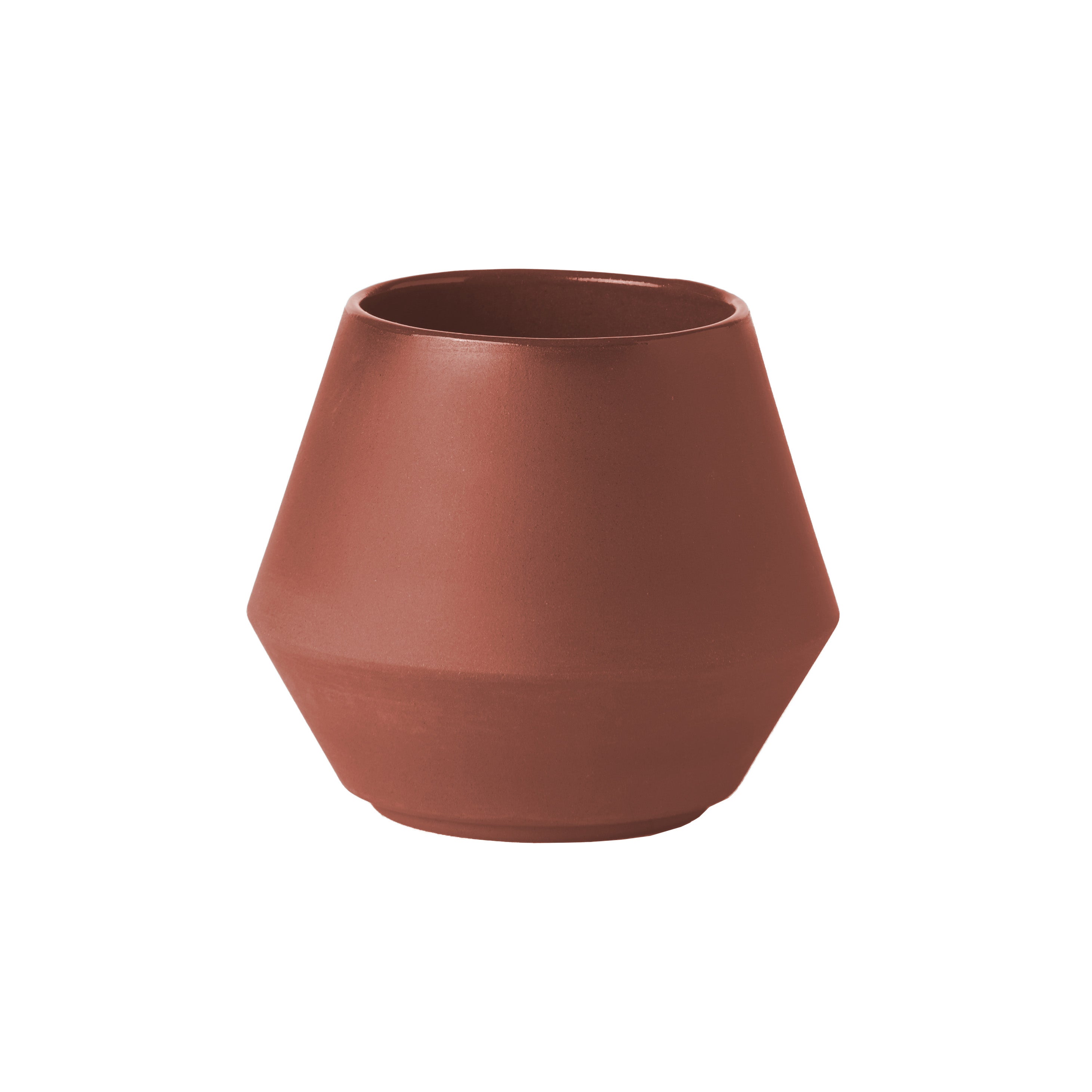 The Unison Sugar Bowl by Schneid is a geometric, brown ceramic piece with a wide, rounded base that tapers slightly at the top, expertly handmade in Germany and set against a white background.