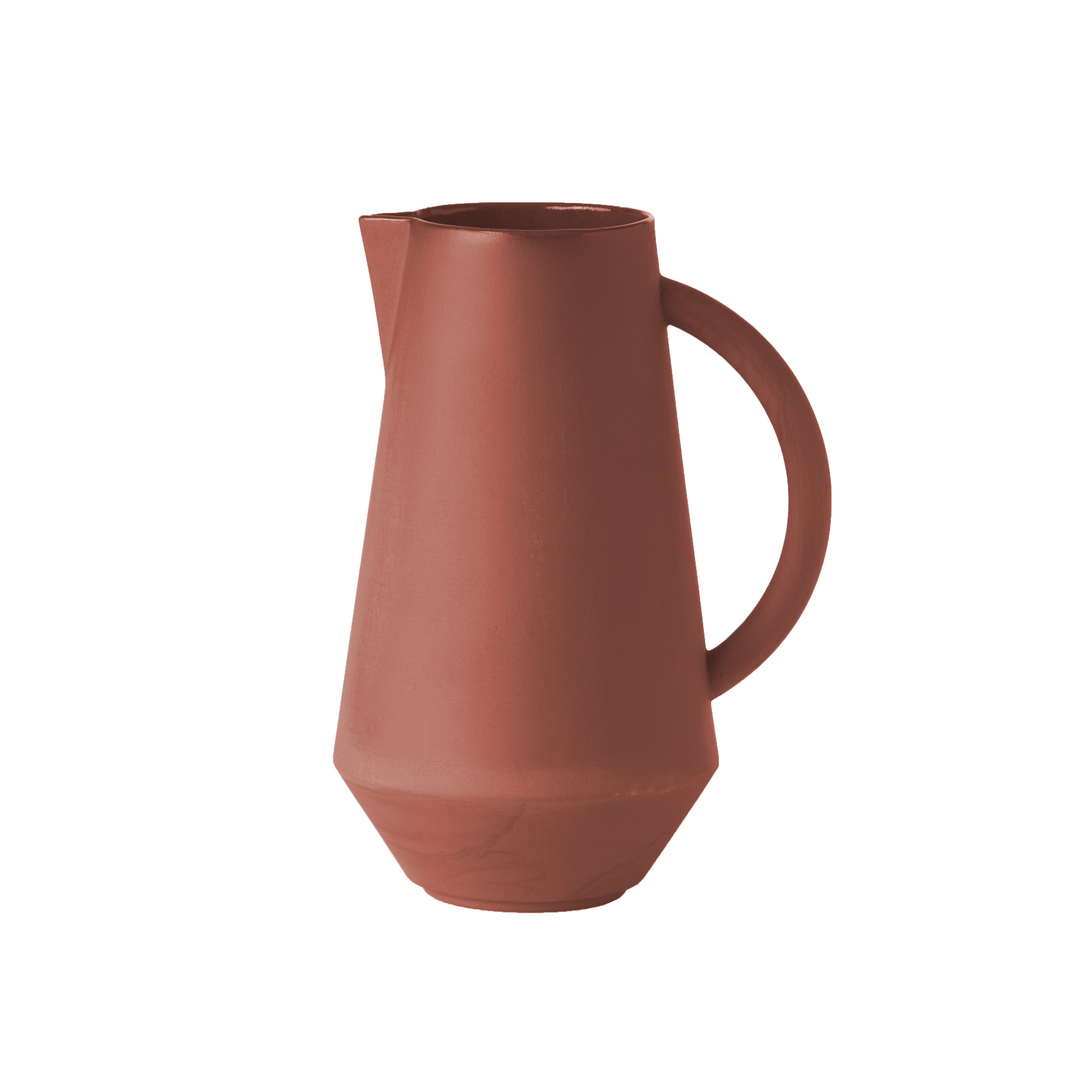 The Schneid Unison Carafe is a brown ceramic pitcher with a sleek, modern design. It features stackable capabilities, a wide body, narrow neck, and large curved handle, epitomizing ceramic tableware against a plain white background.