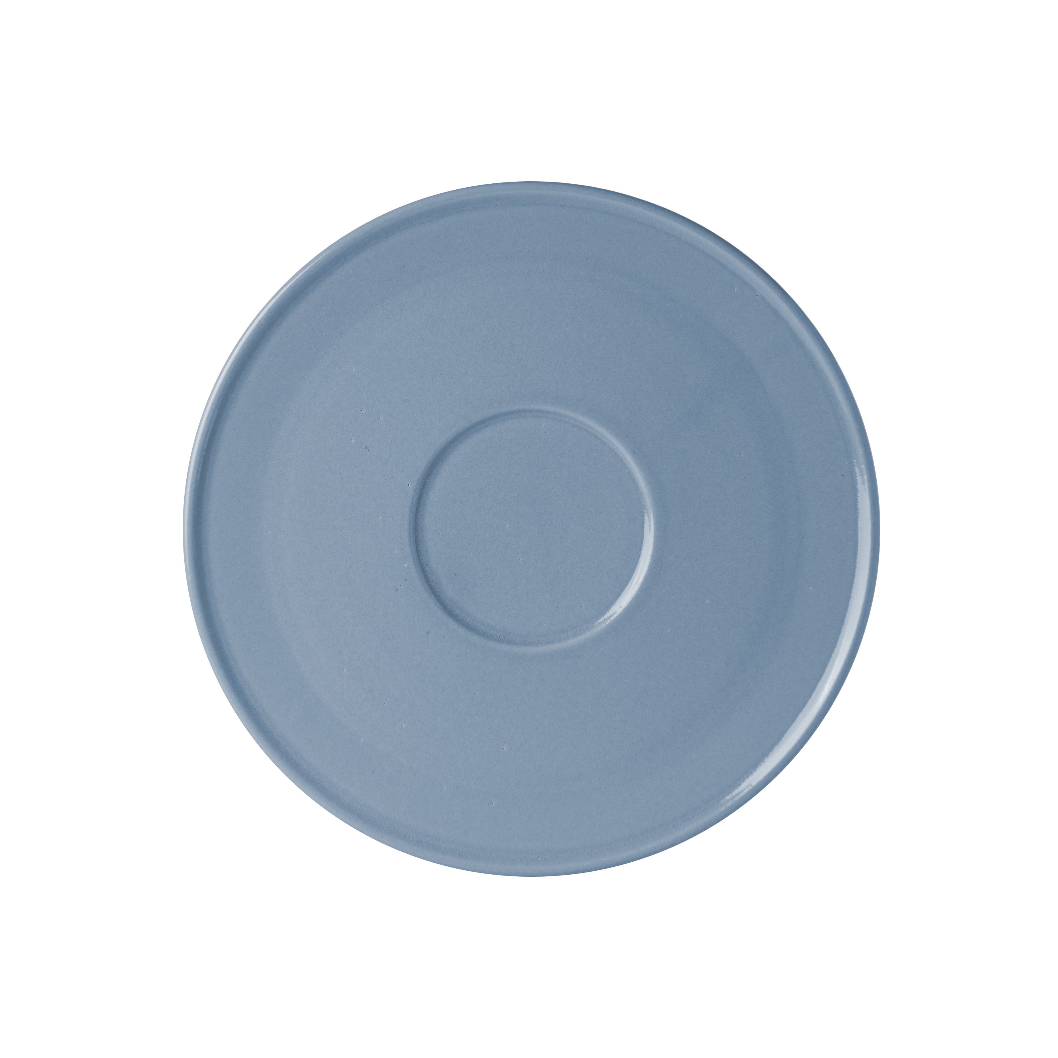 The Unison Small Plate by Schneid, handmade in blue ceramic with a central circular depression, is shown from above on a white background. Ideal for enhancing your tableware collection, this stackable piece seamlessly fits into any ceramic ensemble.
