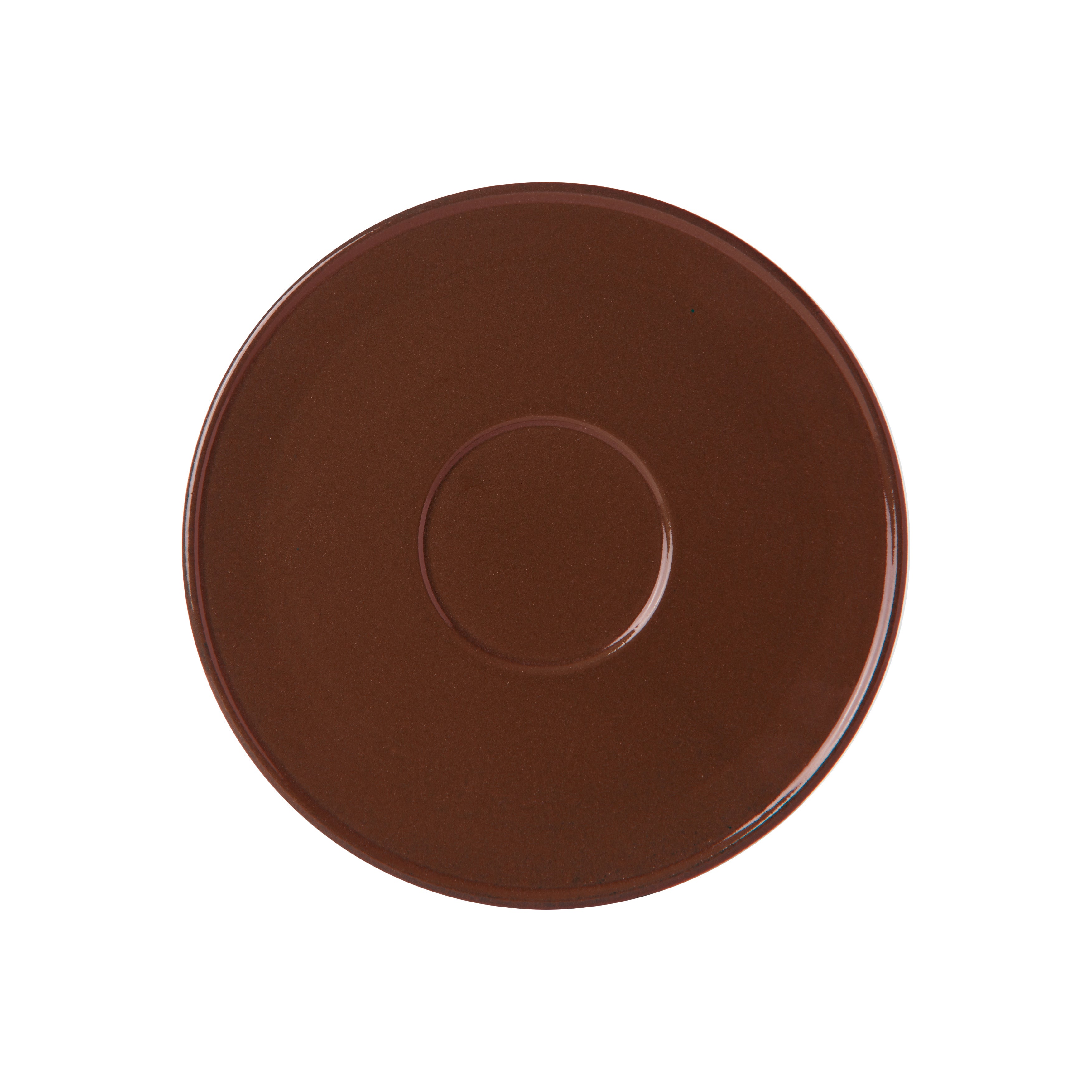 A round, brown Unison Small Plate by Schneid, featuring a handmade ceramic design with a smooth surface and a small raised circular center, set against a plain white background.
