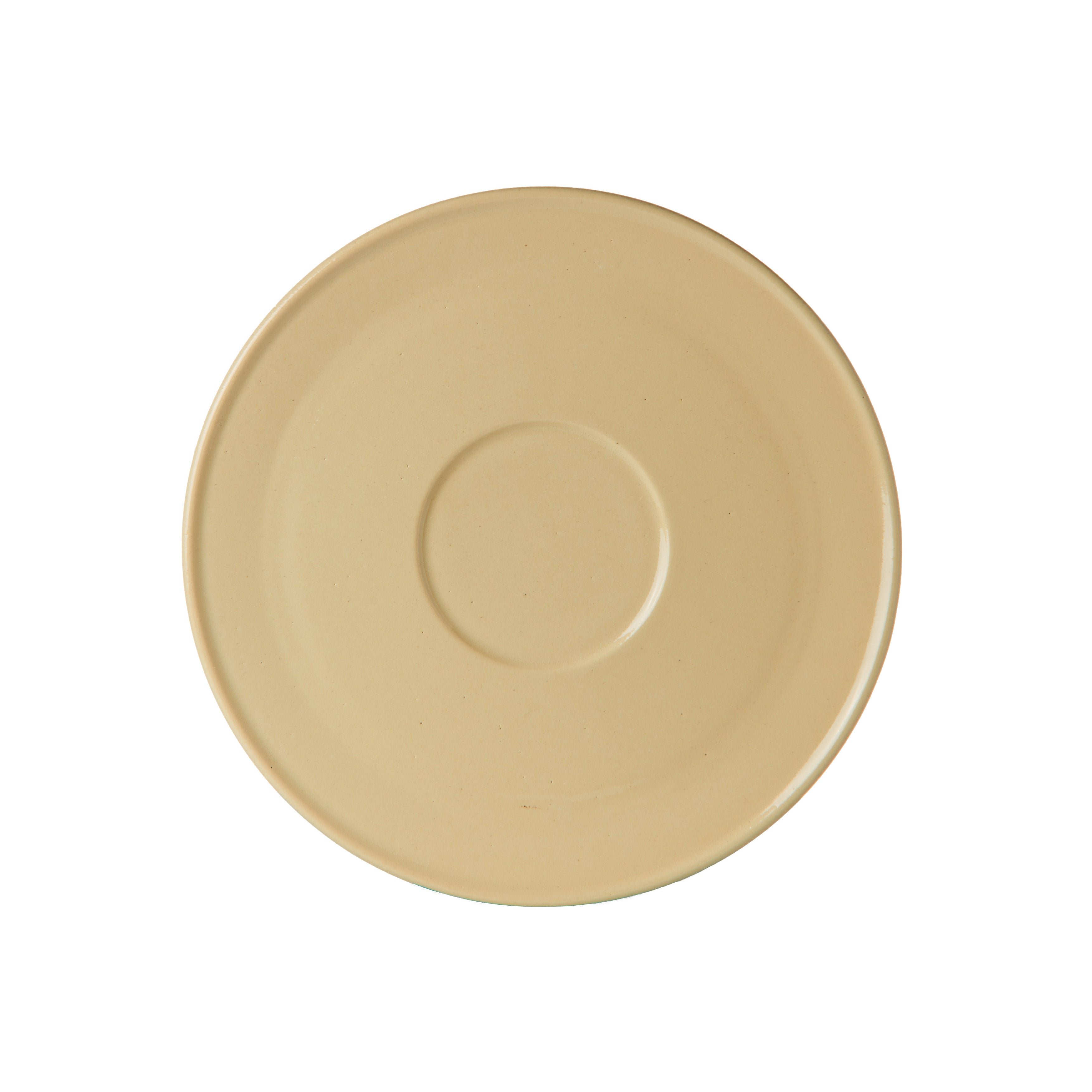 Viewed from above, the Unison Small Plate by Schneid is a round, beige ceramic saucer with a smooth, glossy finish. Part of a stackable collection, it includes a slightly raised edge and a central indentation to secure a cup in place—a fine piece of ceramic tableware.