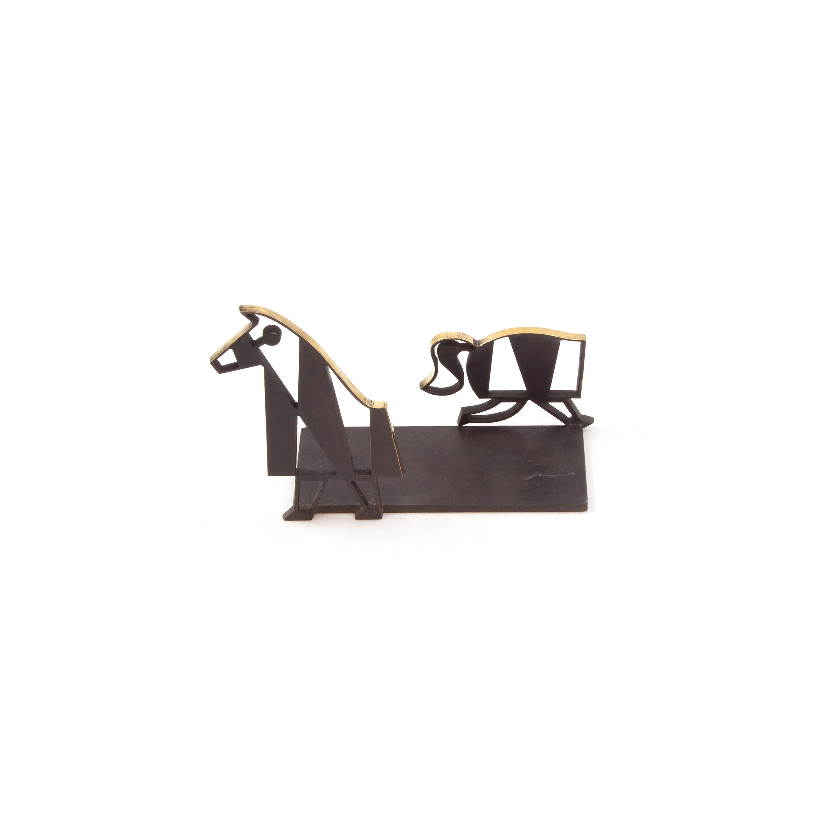 The Stillfried Horse Letter Rack by Werkstätte Carl Auböck is a minimalist abstract metal sculpture with angular horses in gold accents on a rectangular base; one stands upright, the other bends as if grazing.