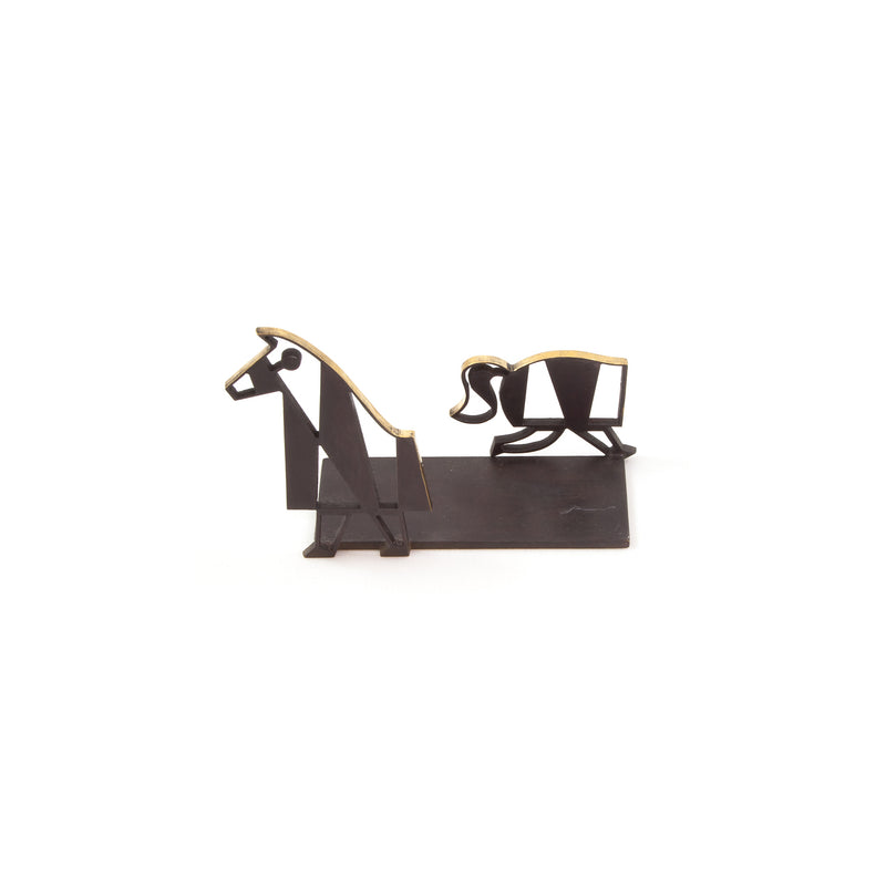The Stillfried Horse Letter Rack by Werkstätte Carl Auböck is a minimalist abstract metal sculpture with angular horses in gold accents on a rectangular base; one stands upright, the other bends as if grazing.