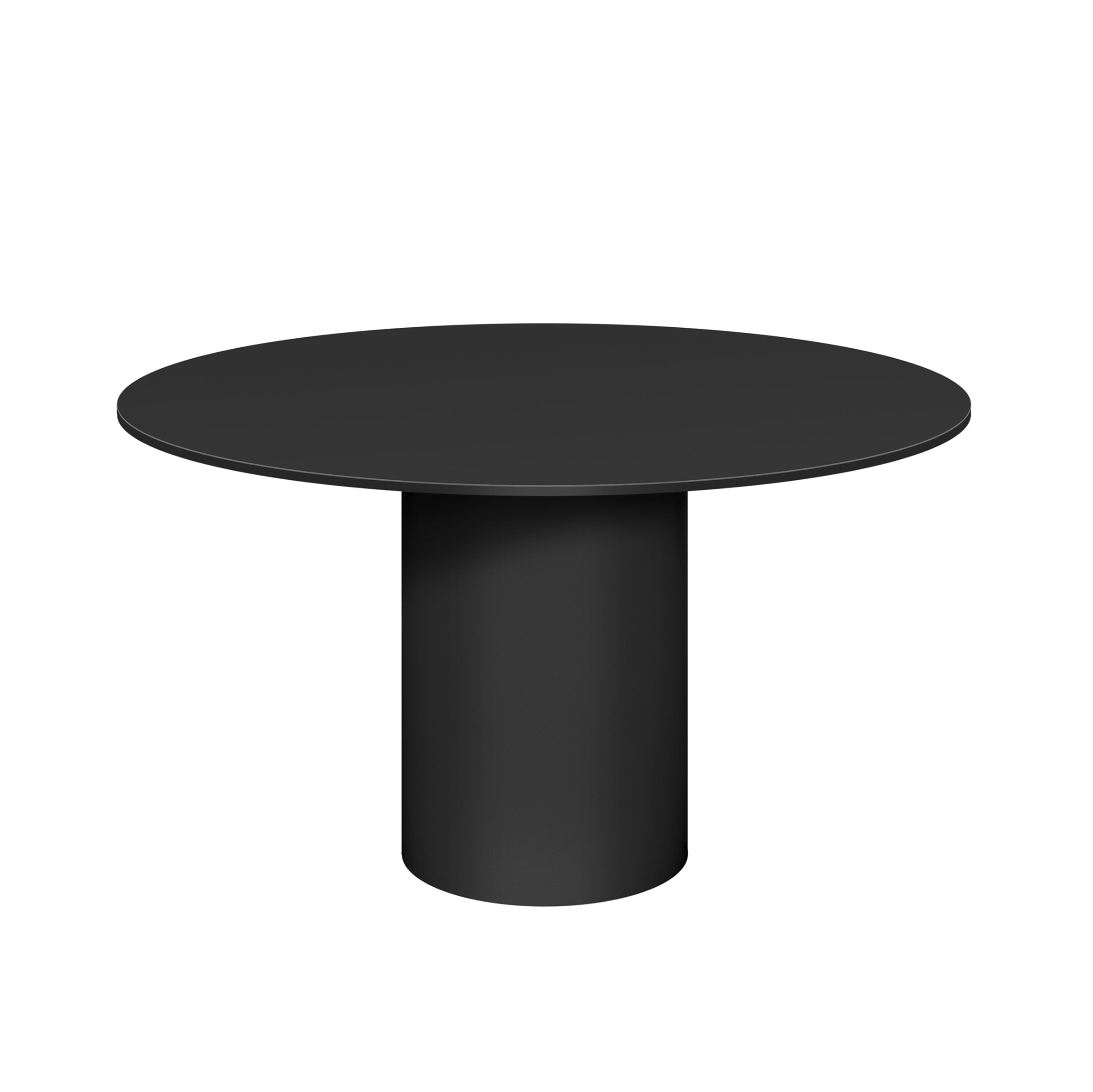 Introducing the TA20 Hiroki Metal table by E15, a modern circular black piece with a sculptural quality, featuring a sleek design with a smooth flat top and single cylindrical base, offering a minimalist and contemporary aesthetic.