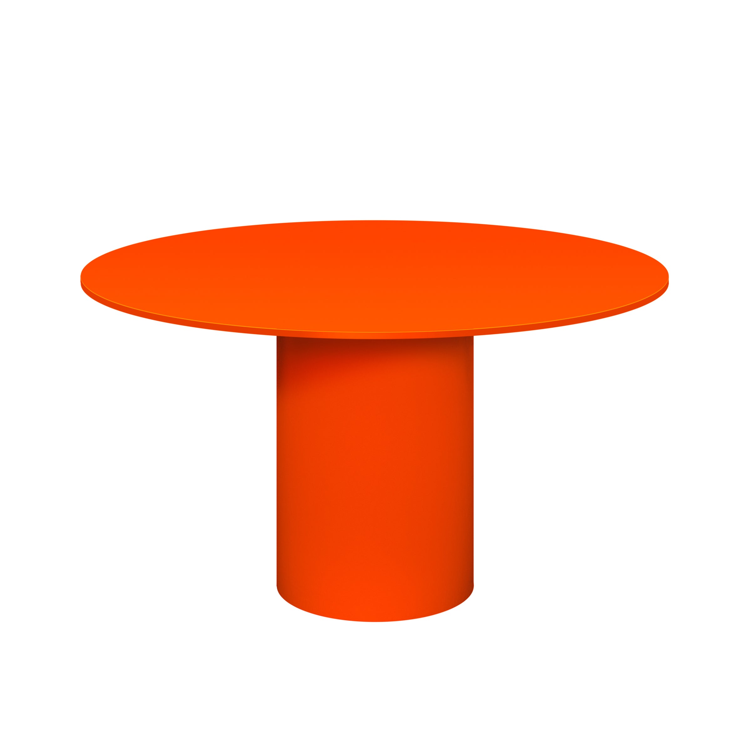 The TA20 HIROKI METAL table by E15 is all-metal, featuring a vibrant orange hue and round shape with a wide cylindrical base. Set against a white backdrop, its minimalist design and sculptural quality make it a standout piece of modern furniture.