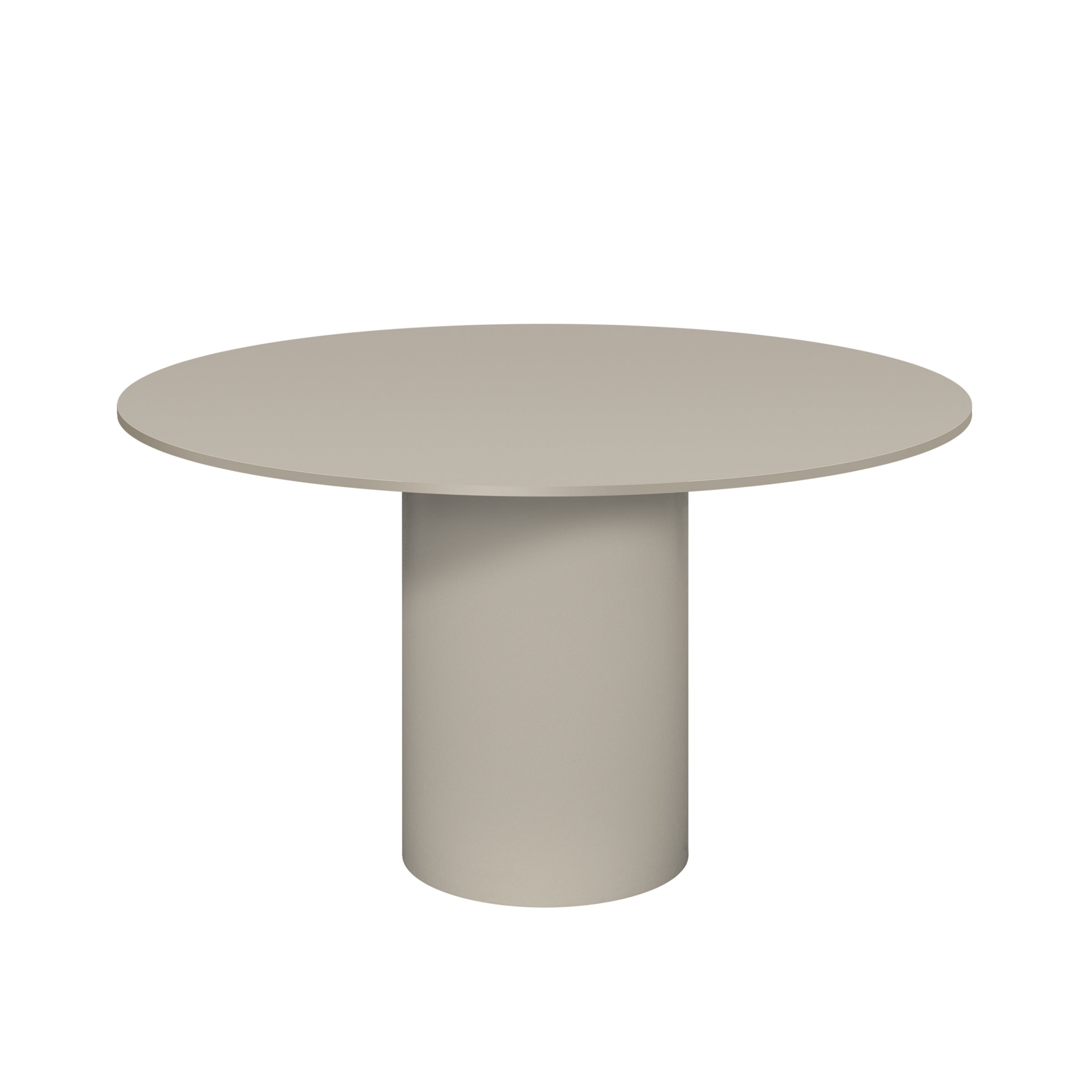 Introducing the TA20 HIROKI METAL table by E15: a minimalist light gray round piece with sculptural elegance. Its smooth surface and cylindrical all-metal base effortlessly blend into diverse interiors, against a plain white background.