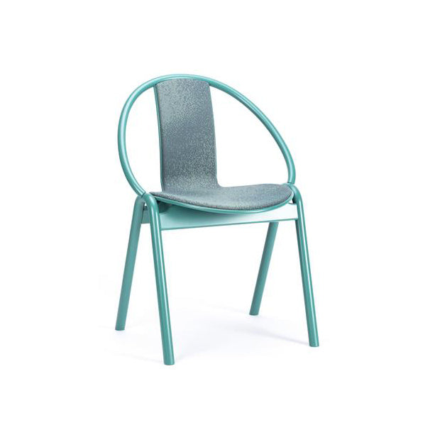 The Chair Again Upholstered by TON is a modern, stackable dining chair with a sleek teal metal frame and dark textured seat. Its round back and four straight legs blend style with functionality.