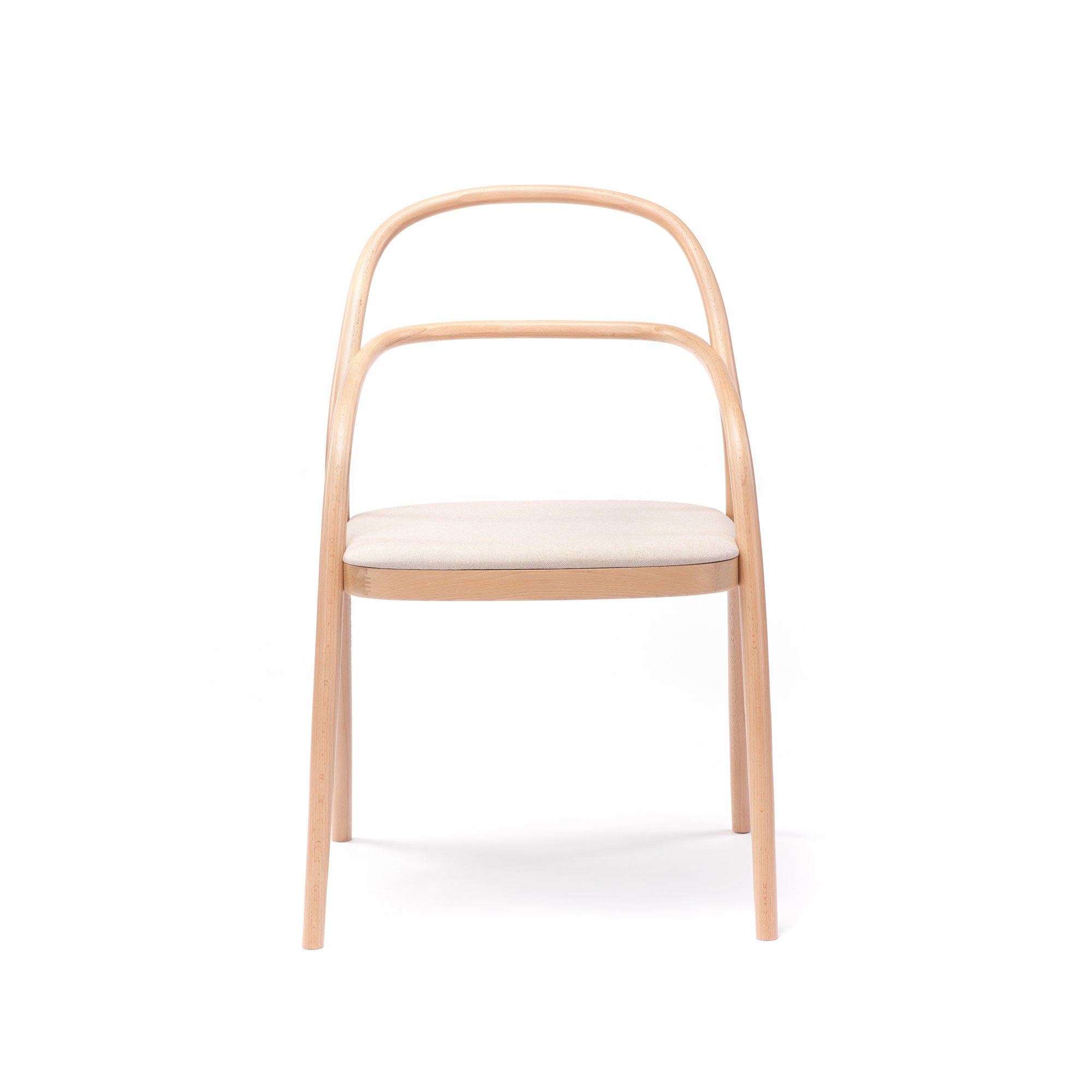 Chair 002 - Upholstered by TON features a wooden frame with a curved backrest, light beige cushioned seat, and slender straight legs that recall the iconic No. 14 redesign. This minimalist design stands elegantly against a crisp white background, embodying the TONDesigner aesthetic.