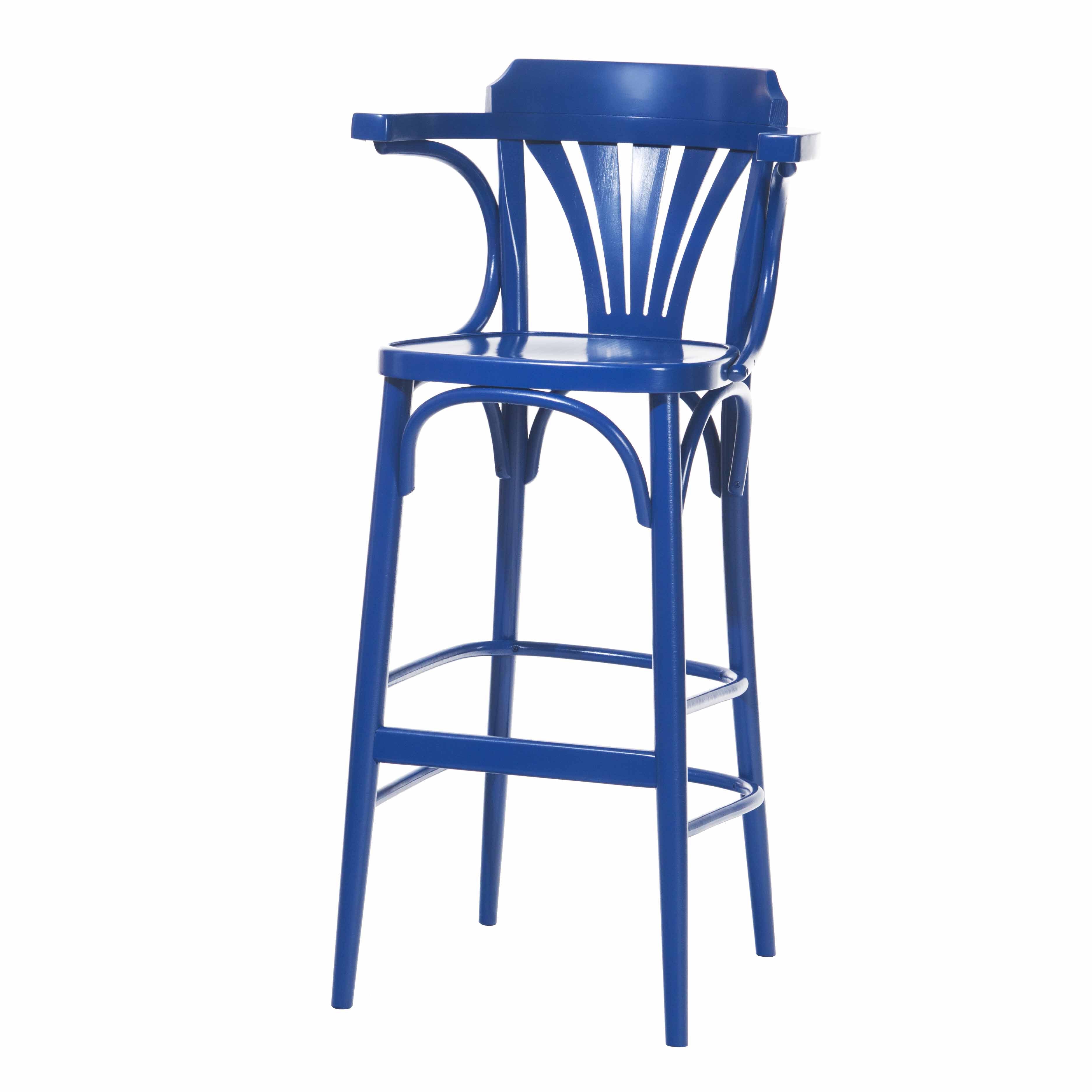 Experience modern comfort with the Barstool 135 by TON. Crafted in sleek blue plywood, it features a fan-patterned curved backrest, armrests, and four slender legs with two crossbars for footrest stability, ensuring both style and support in any space.