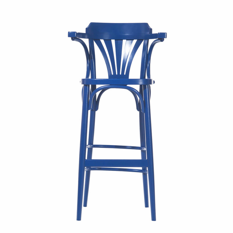 The Barstool 135 by TON is a tall, modern piece in blue featuring a fan-shaped backrest, curved armrests, and four sturdy legs for support. Crafted from sleek plywood, it epitomizes contemporary elegance.