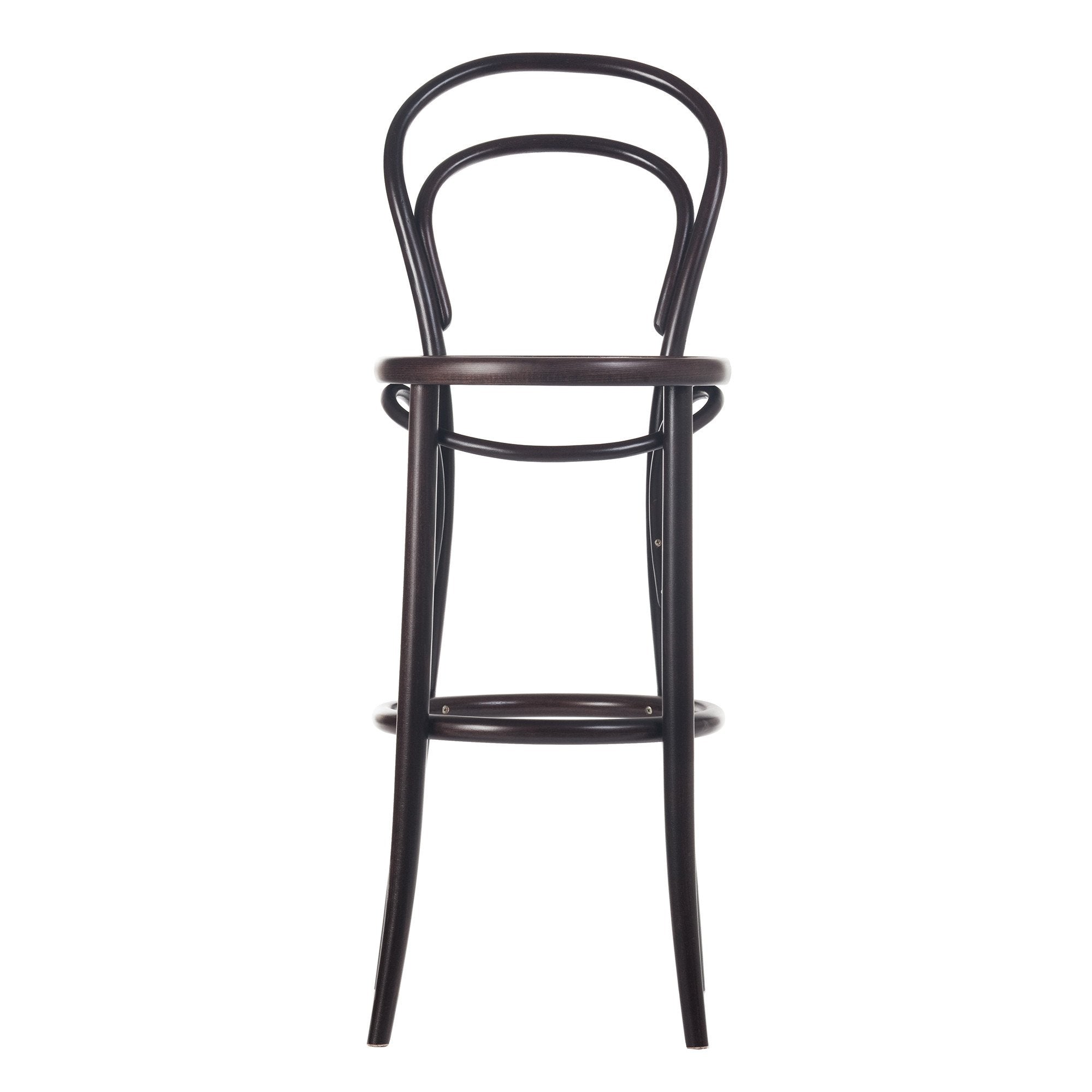 The Barstool 14 by TON is a sleek black beech wood bar stool featuring a curved backrest, circular seat, and a classic silhouette with four legs and footrest, offering style and comfort to any space.