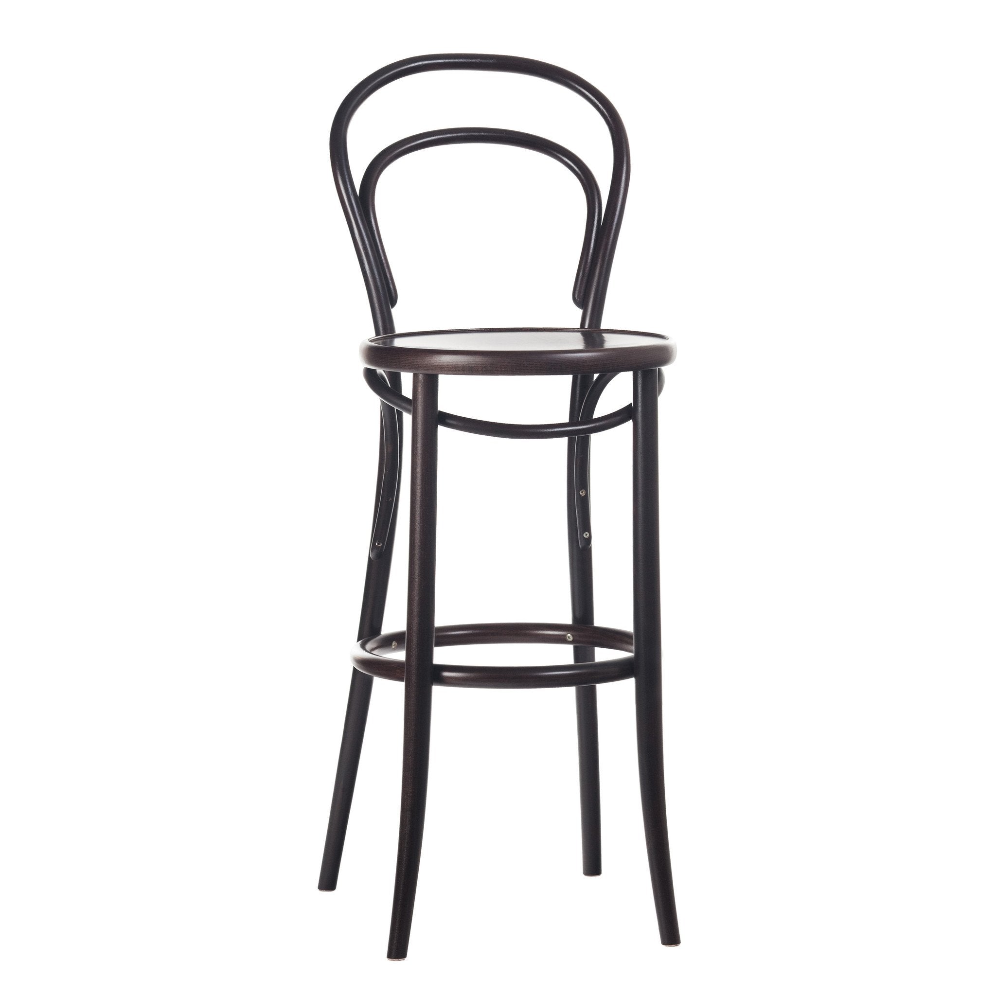 The TON Barstool 14 is a tall, black beechwood stool with a curved backrest and round seat. It features four slender legs and a circular footrest, offering a simple yet elegant design ideal for home bars or kitchen counters.