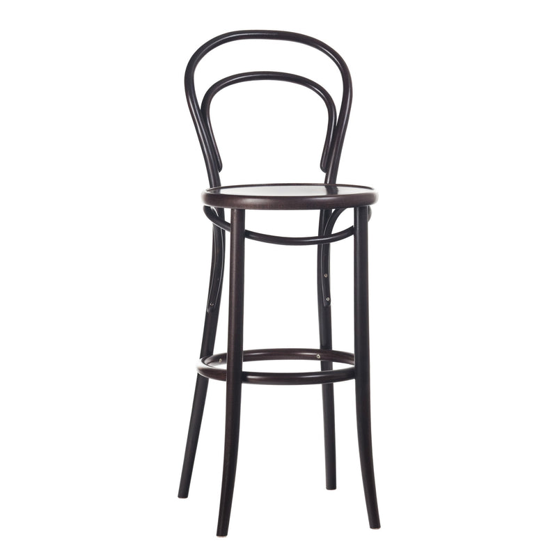 The TON Barstool 14 is a tall, black beechwood stool with a curved backrest and round seat. It features four slender legs and a circular footrest, offering a simple yet elegant design ideal for home bars or kitchen counters.