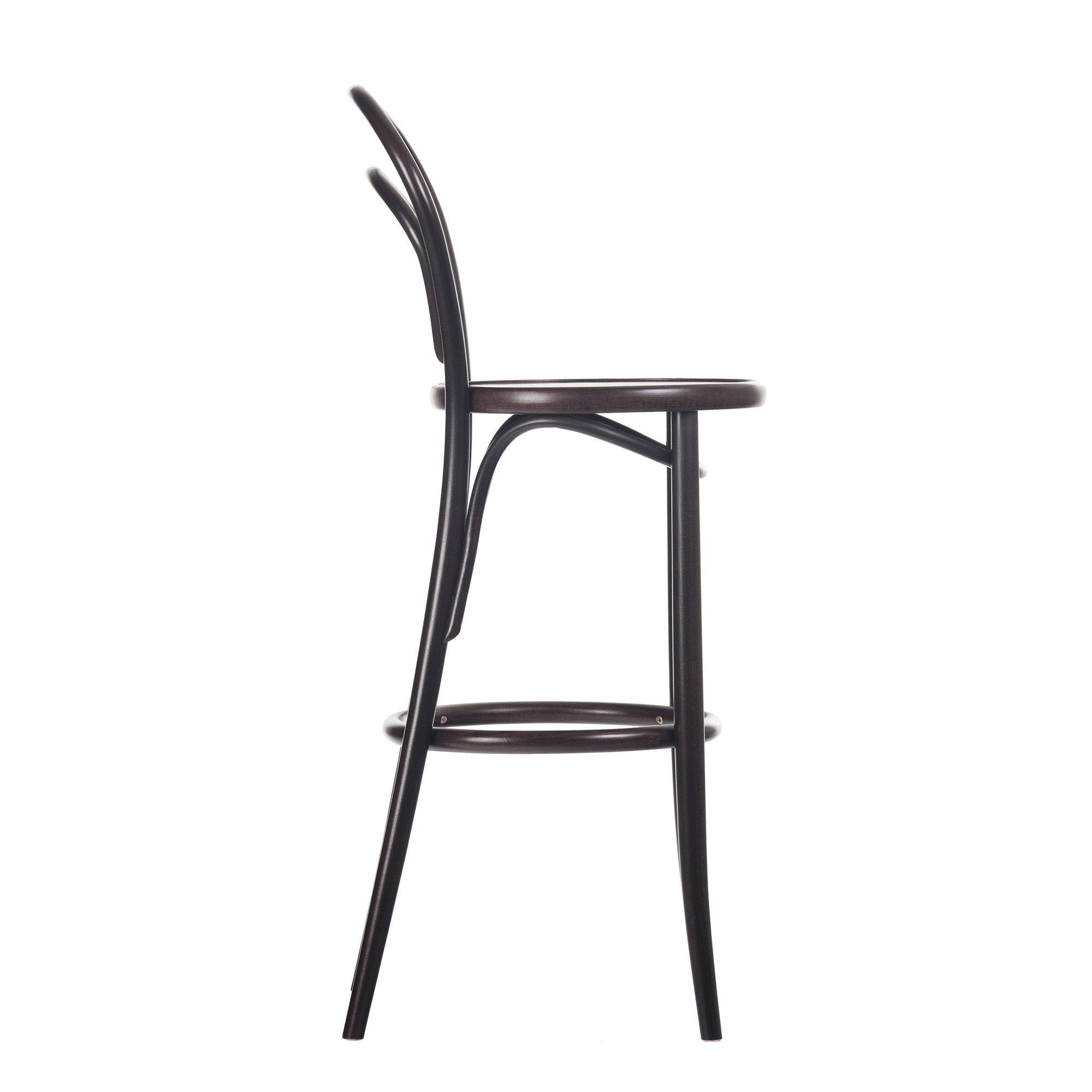 Side view of TONs Barstool 14, a sleek minimalist black metal chair with a curved backrest, thin legs, and circular seat. Designed for simplicity and functionality, it features upholstery for comfort against a plain white background.