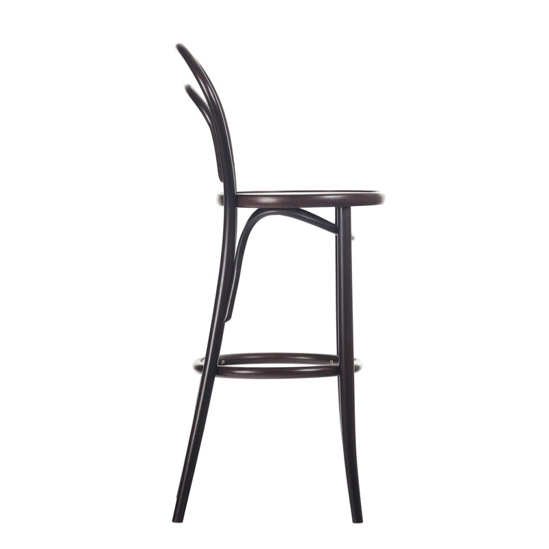 Side view of TONs Barstool 14, a sleek minimalist black metal chair with a curved backrest, thin legs, and circular seat. Designed for simplicity and functionality, it features upholstery for comfort against a plain white background.
