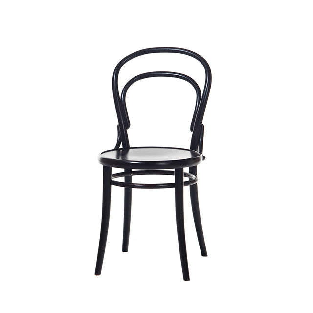 The Chair 14 by TON is a classic black bentwood café chair, featuring a circular seat and curved backrest. Crafted from bent beech rods, it has four slim legs and exemplifies a simple and elegant design true to the brands tradition since 1859.