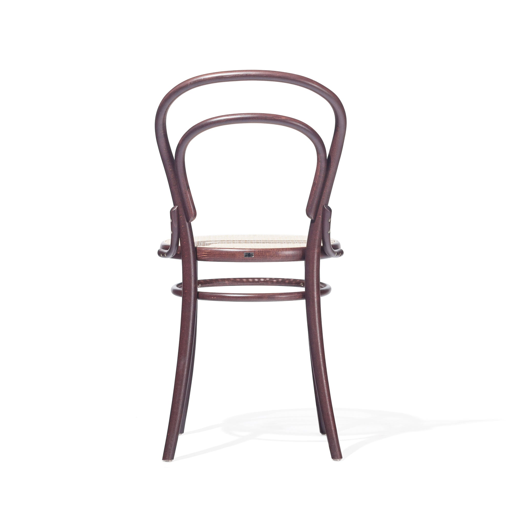 Front view of the Chair 14 - Cane, a classic wooden dining chair by TON, featuring a curved backrest and wicker seat. The elegant café-style design casts charming shadows on the white background.