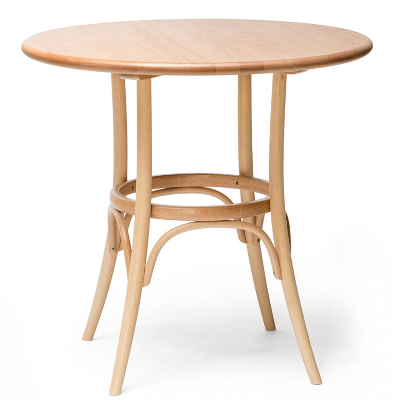 The TON Table 152/252 features a round bentwood design with a smooth top and four curved legs connected by circular supports for enhanced strength and stability. It boasts a light, natural wood finish on a white background, highlighting solid craftsmanship.