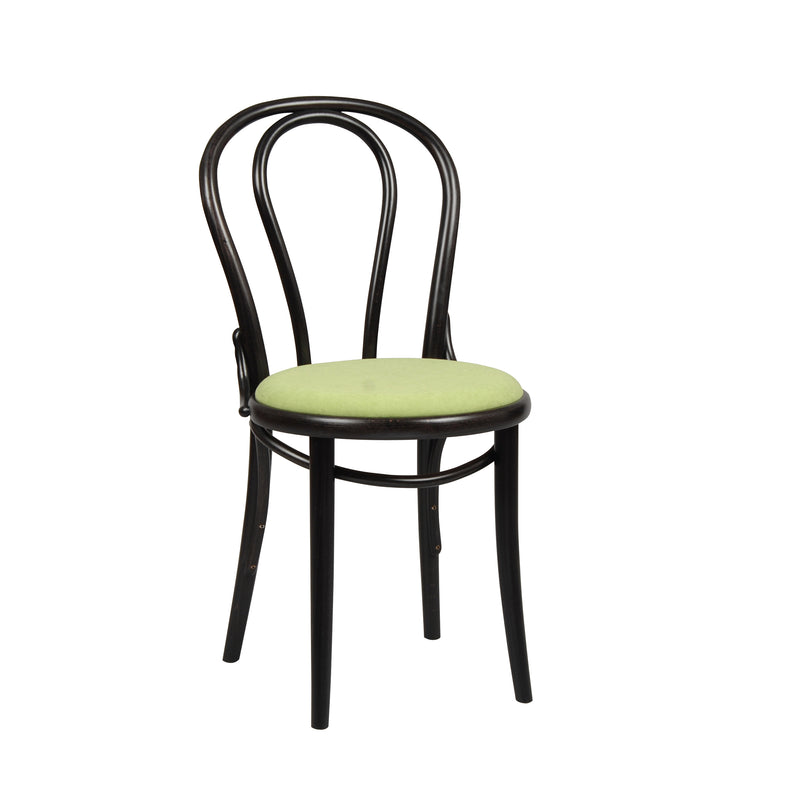 The Chair 18 by TON is a classic black beech wood dining chair with a bent rod backrest and green upholstered seat, standing elegantly on four slender legs.