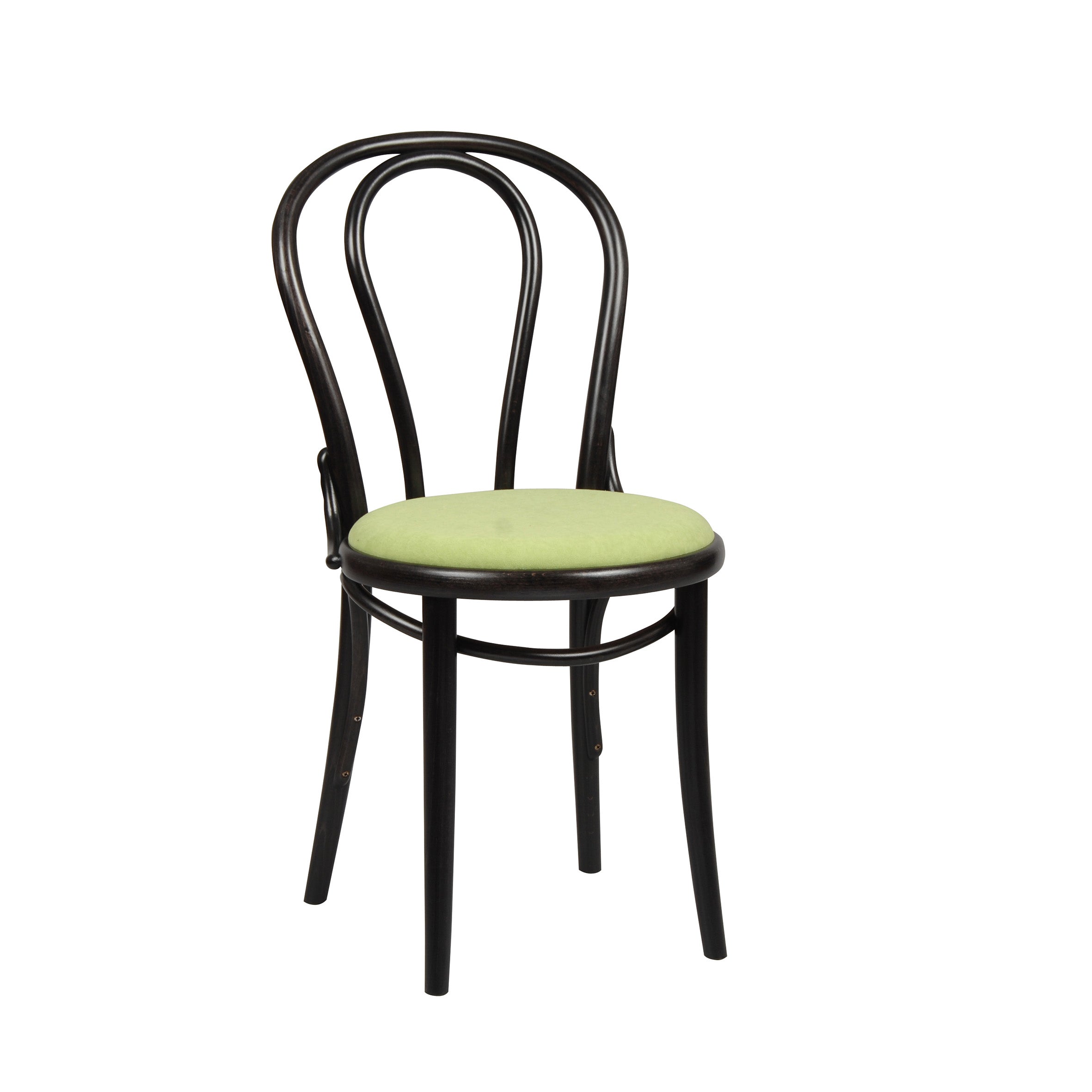 The Chair 18 - Upholstered by TON is a black bentwood dining chair made of beech. It features a light green cushioned seat, a gracefully curved backrest formed by a manually bent rod, and rests on four sturdy legs. This elegant design is ideal for dining or casual seating.
