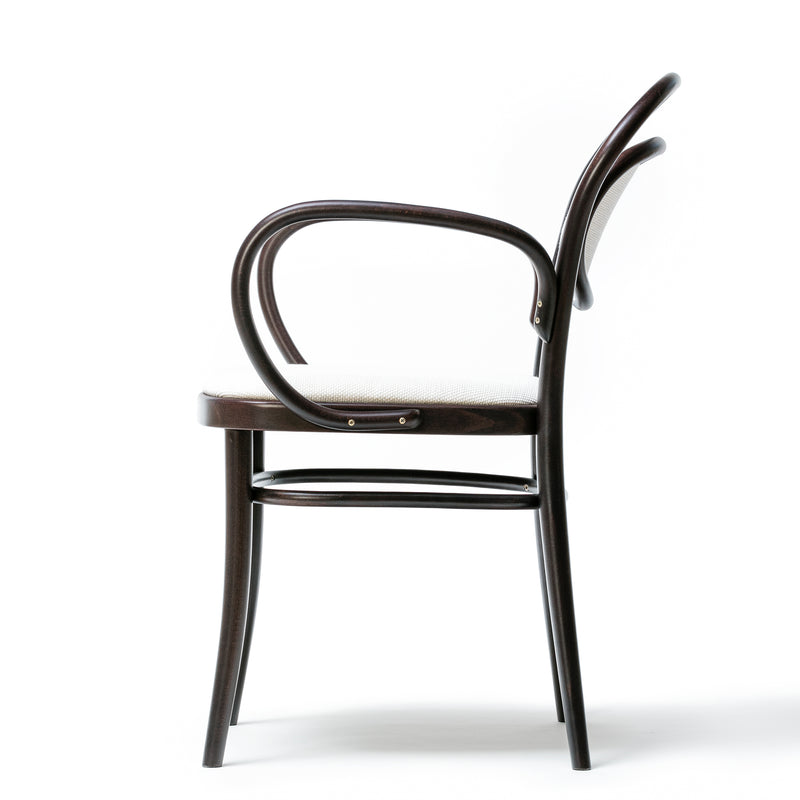 Side view of Armchair 20 by TON, a dark wooden bent armchair with curved backrest and armrests, and an upholstered seat. The elegant, minimalistic design is set against a plain white background.