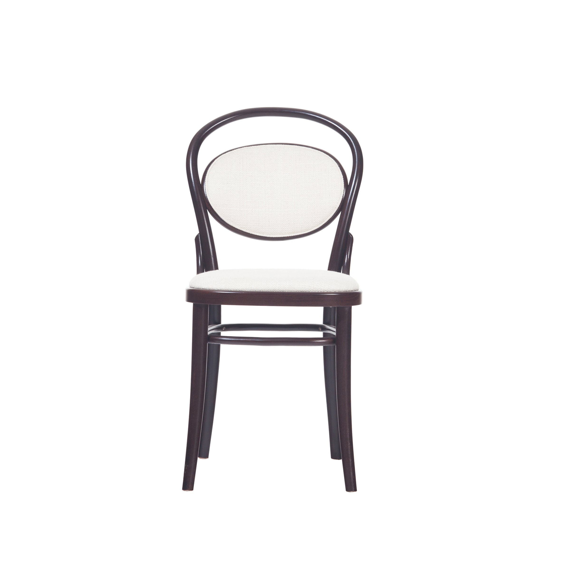 The TON Chair 20 - Upholstered features a wooden frame in dark brown, a beige cushioned seat, and a curved backrest. Its classic and elegant design is enhanced when placed against a plain white background.