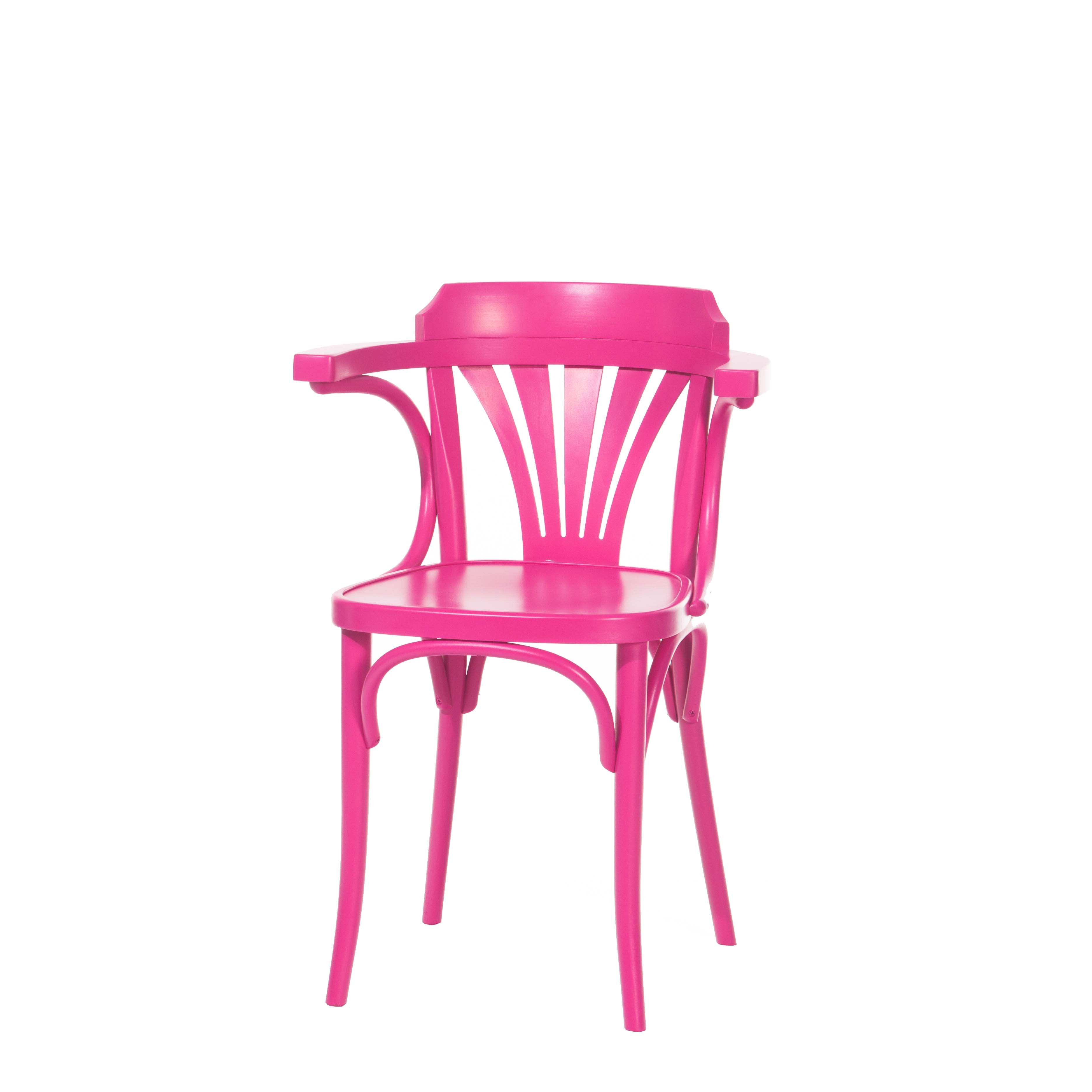 The pink Armchair 24 by TON features a fan-shaped backrest, curved legs, and a smooth seat, elegantly displayed against a white background.
