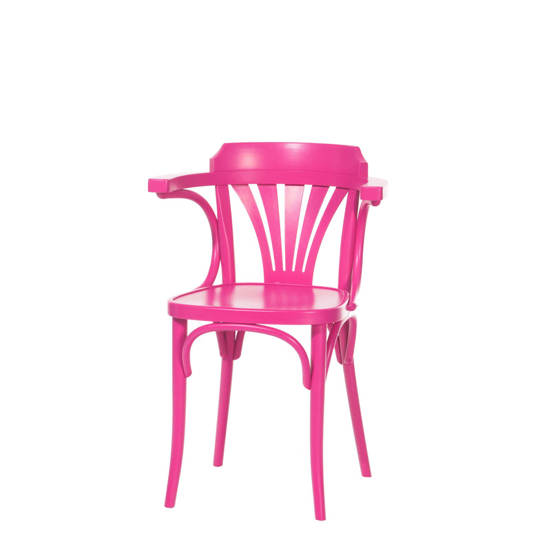 The pink Armchair 24 by TON features a fan-shaped backrest, curved legs, and a smooth seat, elegantly displayed against a white background.