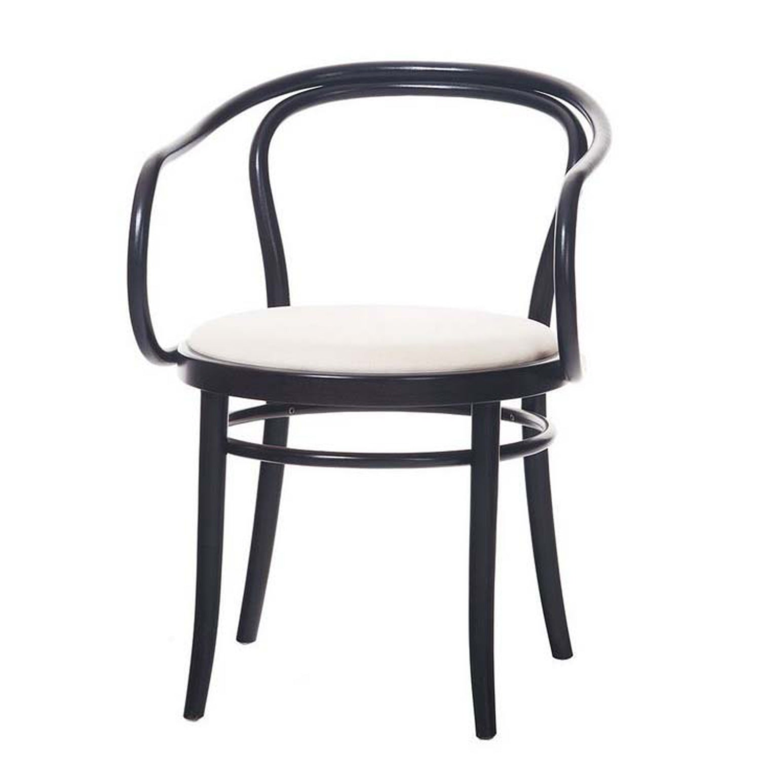 The Armchair 30 by TON showcases timeless design with its black bentwood frame, curved backrest, and armrests. It features a round seat cushion in light fabric supported by four slender legs, making it ideal for any minimalist space.