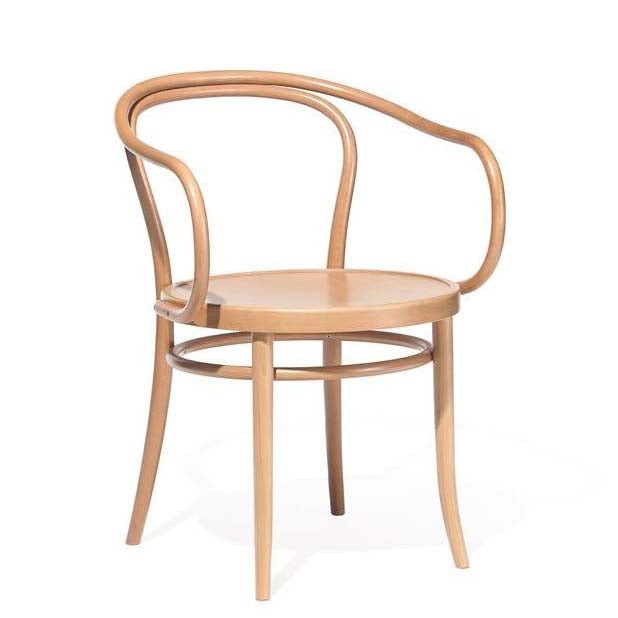 The TON Armchair 30 features a curved back and arms, crafted from light-hued wood. It has a circular seat, slender rounded legs, and an open backrest, offering a minimalist and modern look suitable for versatile use in any setting.