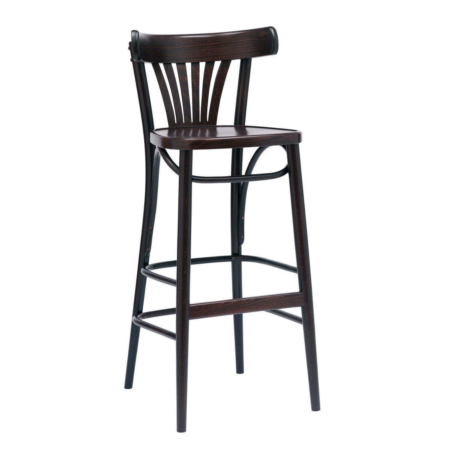 The Barstool 56 by TON is a tall wooden stool with a dark brown finish, featuring a curved backrest with vertical slats, four slender legs connected by a footrest, and a smooth seating surface thats slightly contoured and enhanced with subtle upholstery elements.