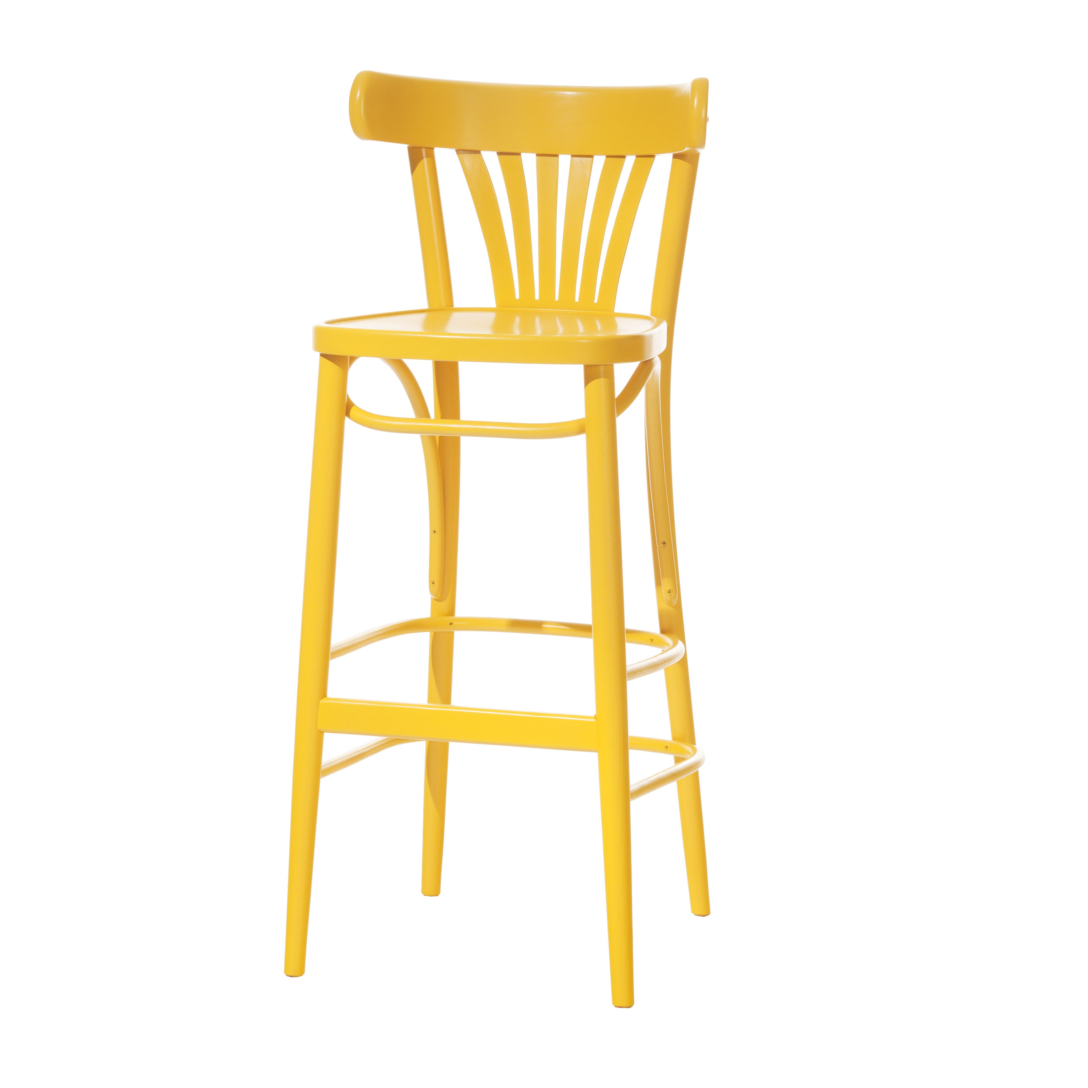The Barstool 56 by TON is a vibrant yellow piece with a curved backrest, four slender legs, and footrests. Its simple, modern design and sleek upholstery make it ideal for contemporary settings.
