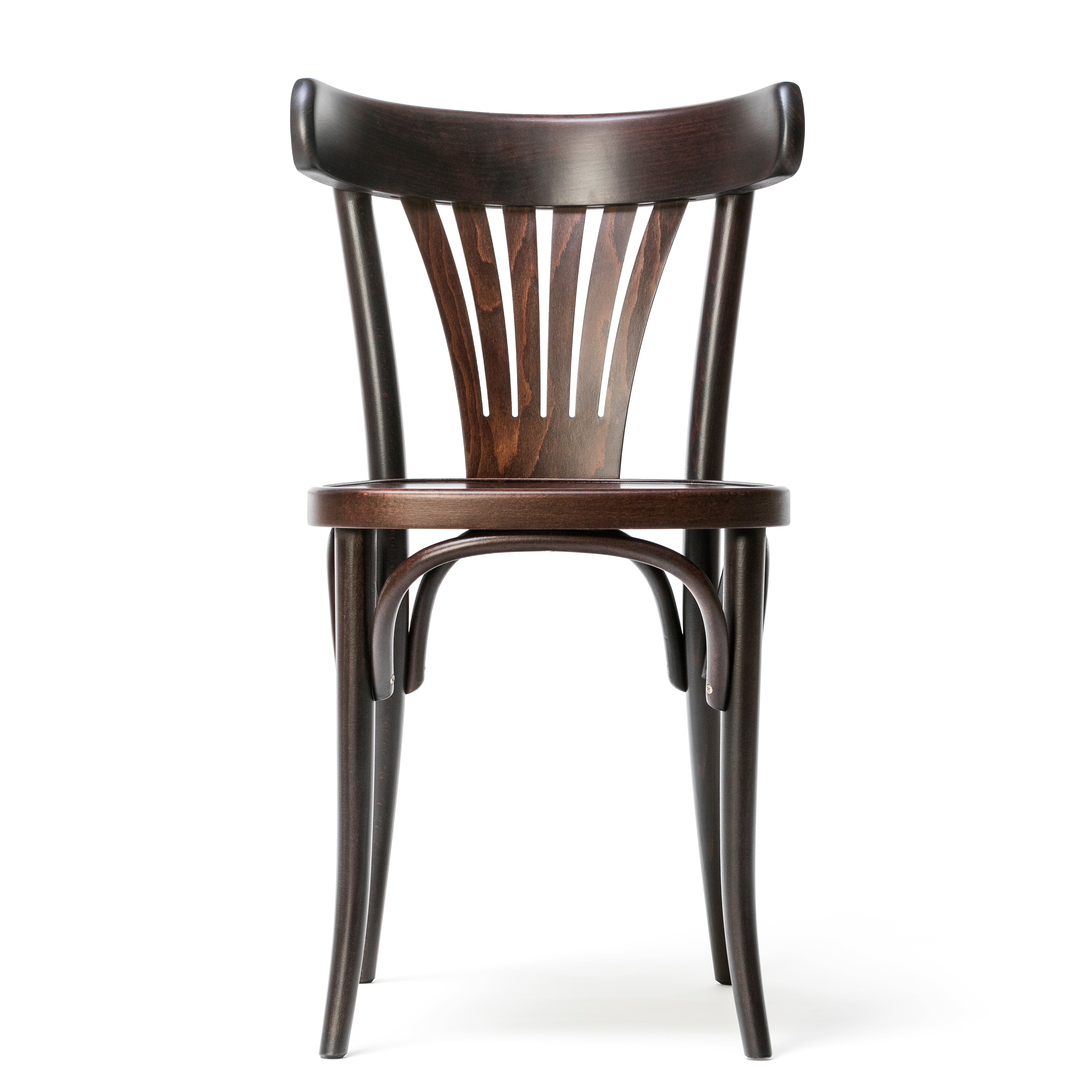 The Chair 56 - Upholstered by TON features a dark wood finish, curved plywood fan backrest with vertical slats, simple tapered legs, and a sturdy round seat. This traditional chair combines elegance and durability in its design.