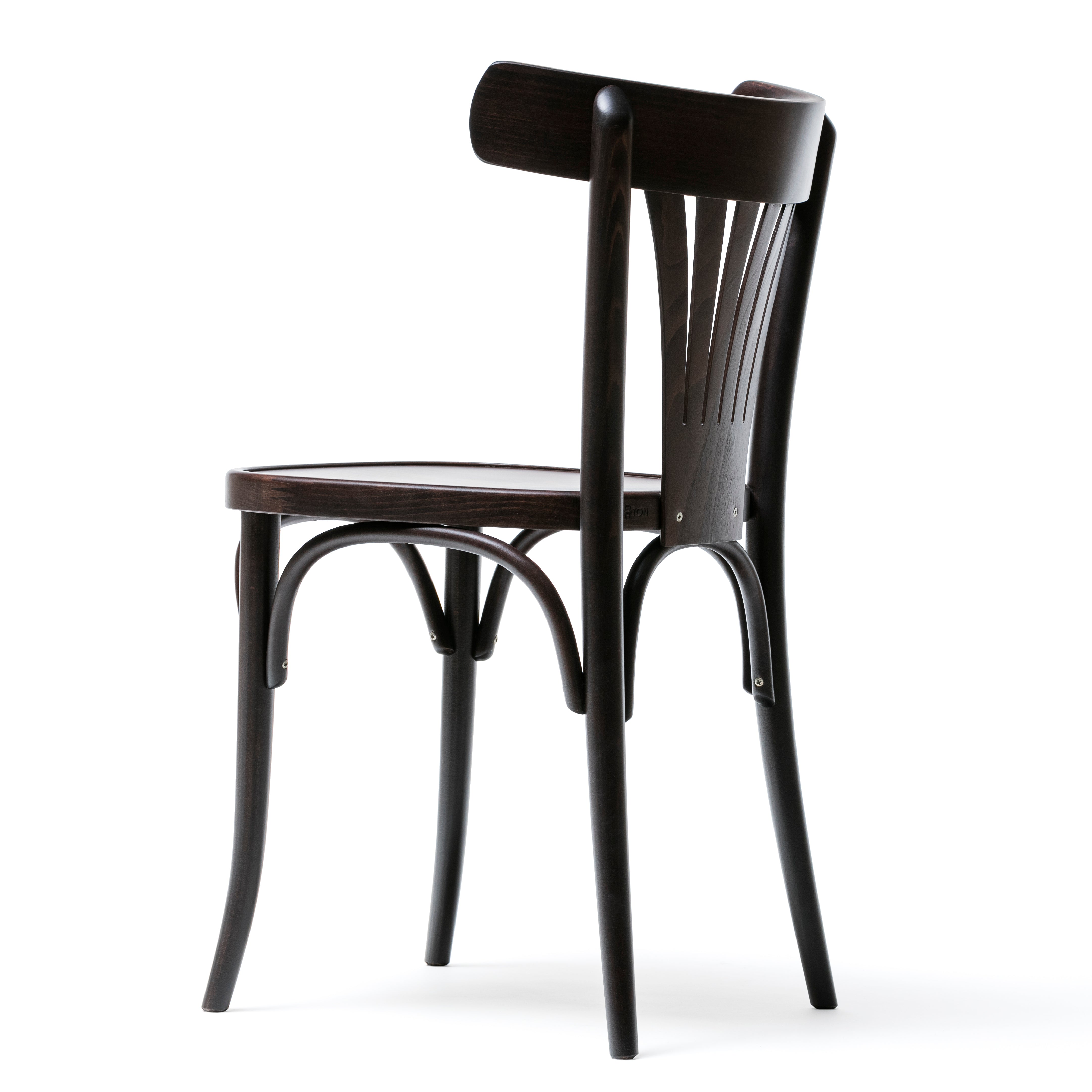 Viewed from the back on a white background, this black Chair 56 - Upholstered by TON features a wooden frame, curved backrest with fan-shaped slatted detailing, and decorative studs.