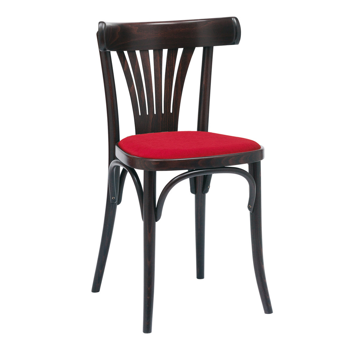 The Chair 56 - Upholstered by TON features a dark wooden frame, a red cushioned seat, and a backrest with decorative studs.