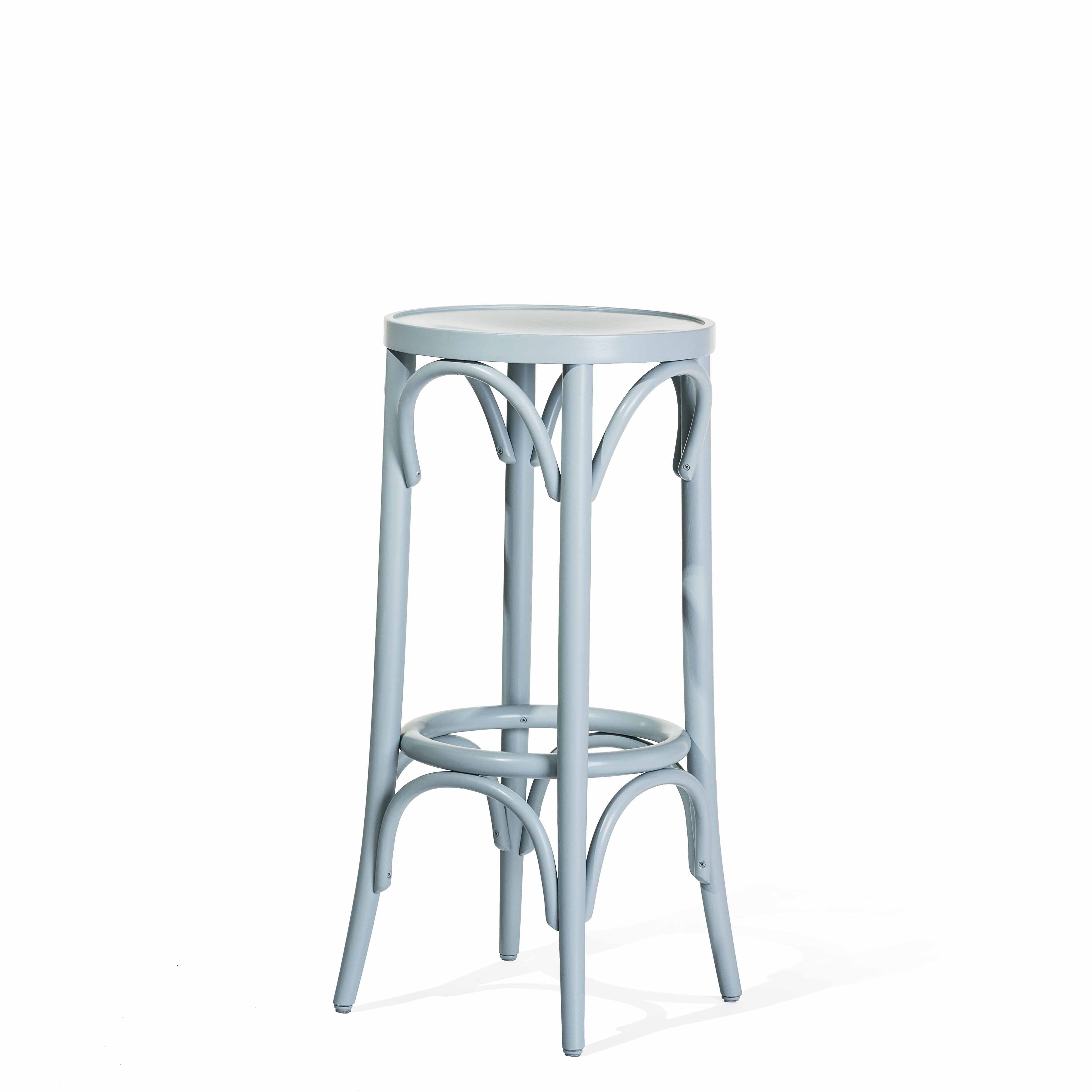 The Barstool 73 by TON is a light blue wooden piece crafted from beech, featuring a round seat and four elegantly curved legs with circular supports. Its classic design shines against a plain white background, all without the need for upholstery.