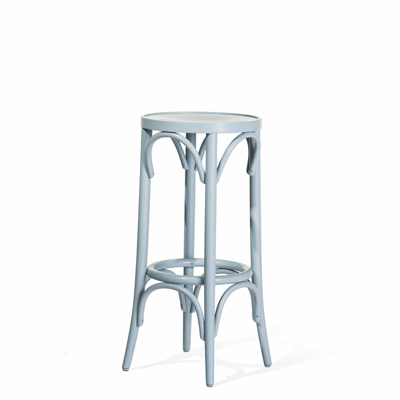 The Barstool 73 by TON is a light blue wooden piece crafted from beech, featuring a round seat and four elegantly curved legs with circular supports. Its classic design shines against a plain white background, all without the need for upholstery.