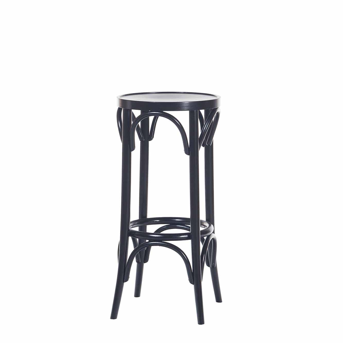 The Barstool 73 by TON is a black barstool featuring a round, upholstered seat and curved metal legs with an elegant, minimalist design.