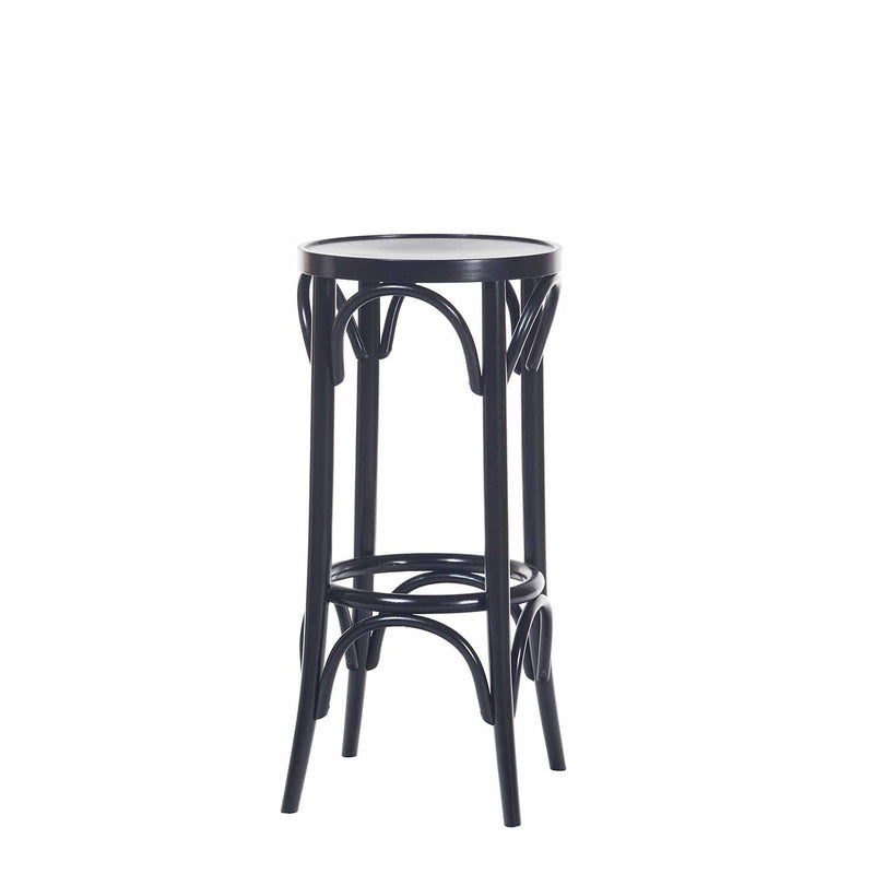 The Barstool 73 by TON is a black barstool featuring a round, upholstered seat and curved metal legs with an elegant, minimalist design.