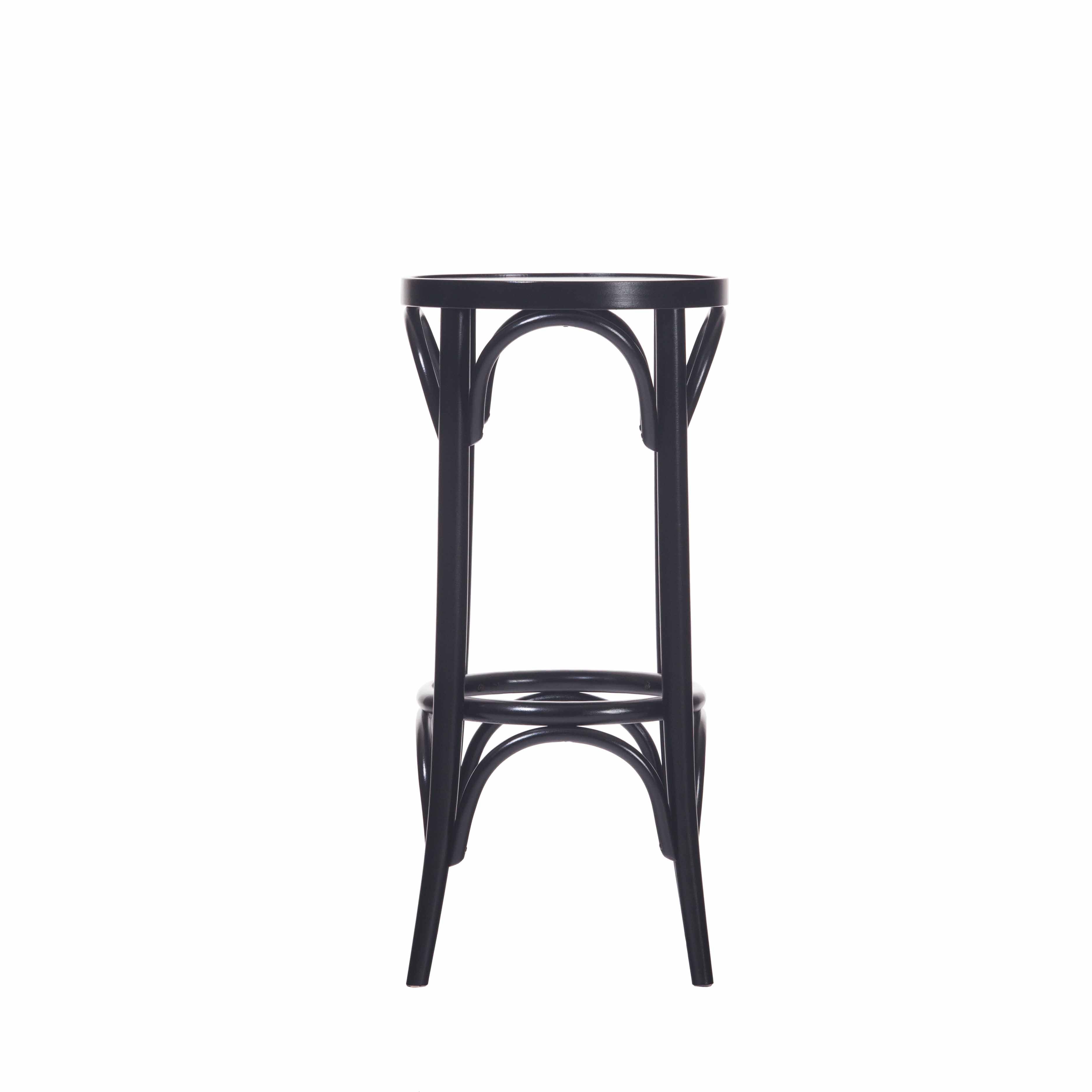 The TON Barstool 73 is a beech wood barstool with a dark finish, featuring a round upholstered seat and intricately curved leg supports connected by an interwoven design for both decorative appeal and functionality.