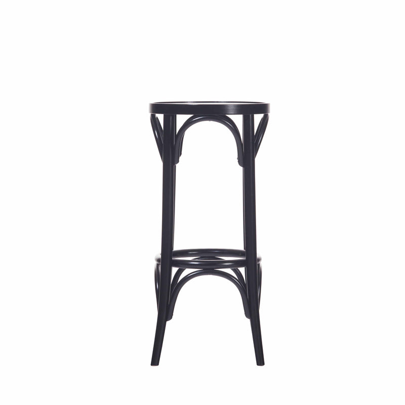 The TON Barstool 73 is a beech wood barstool with a dark finish, featuring a round upholstered seat and intricately curved leg supports connected by an interwoven design for both decorative appeal and functionality.