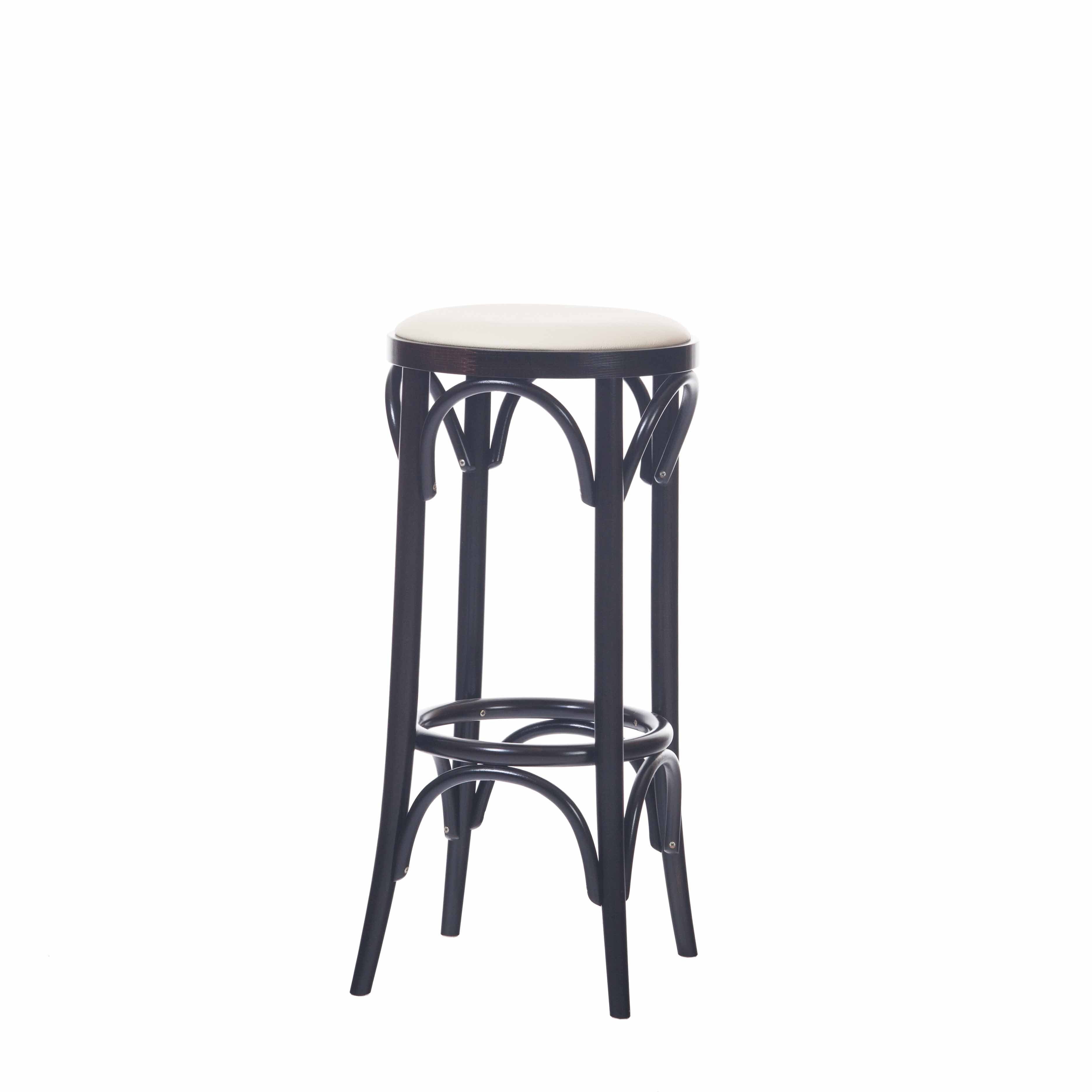 The Barstool 73 by TON features a tall, beech wooden frame with slightly curved black legs and circular footrests. It has a white, round cushioned seat showcasing elegant upholstery and stands against a plain white backdrop.